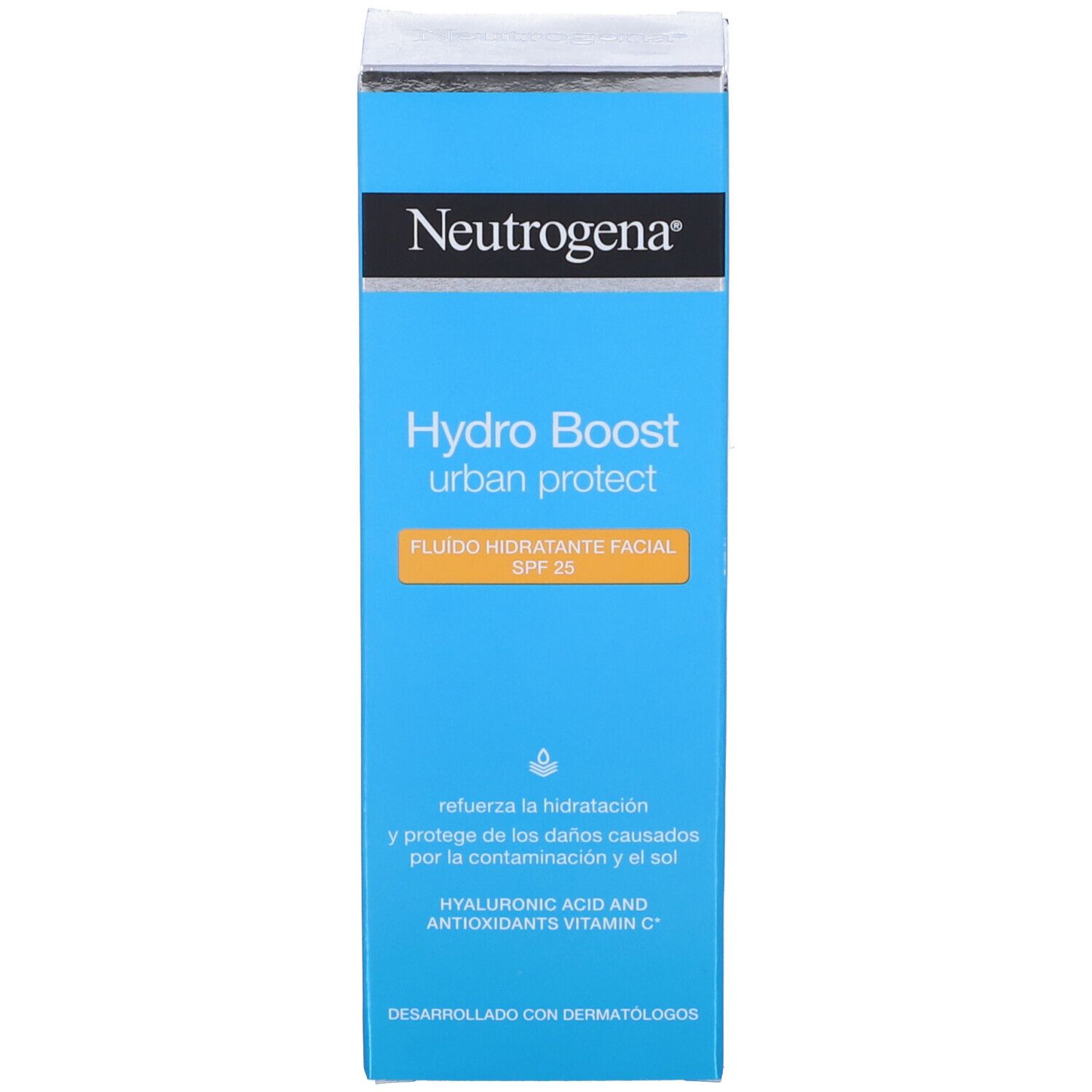 Confezione di Neutrogena Hydro Boost Urban Protect Fluido. Scatola blu.