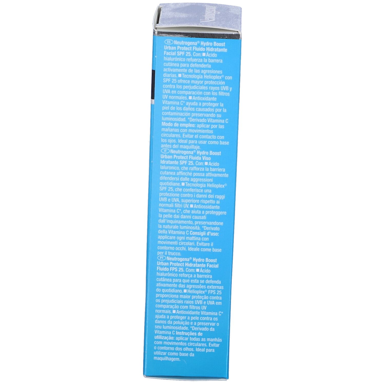 Retro della confezione Neutrogena Hydro Boost Urban Protect Fluido. Testo.