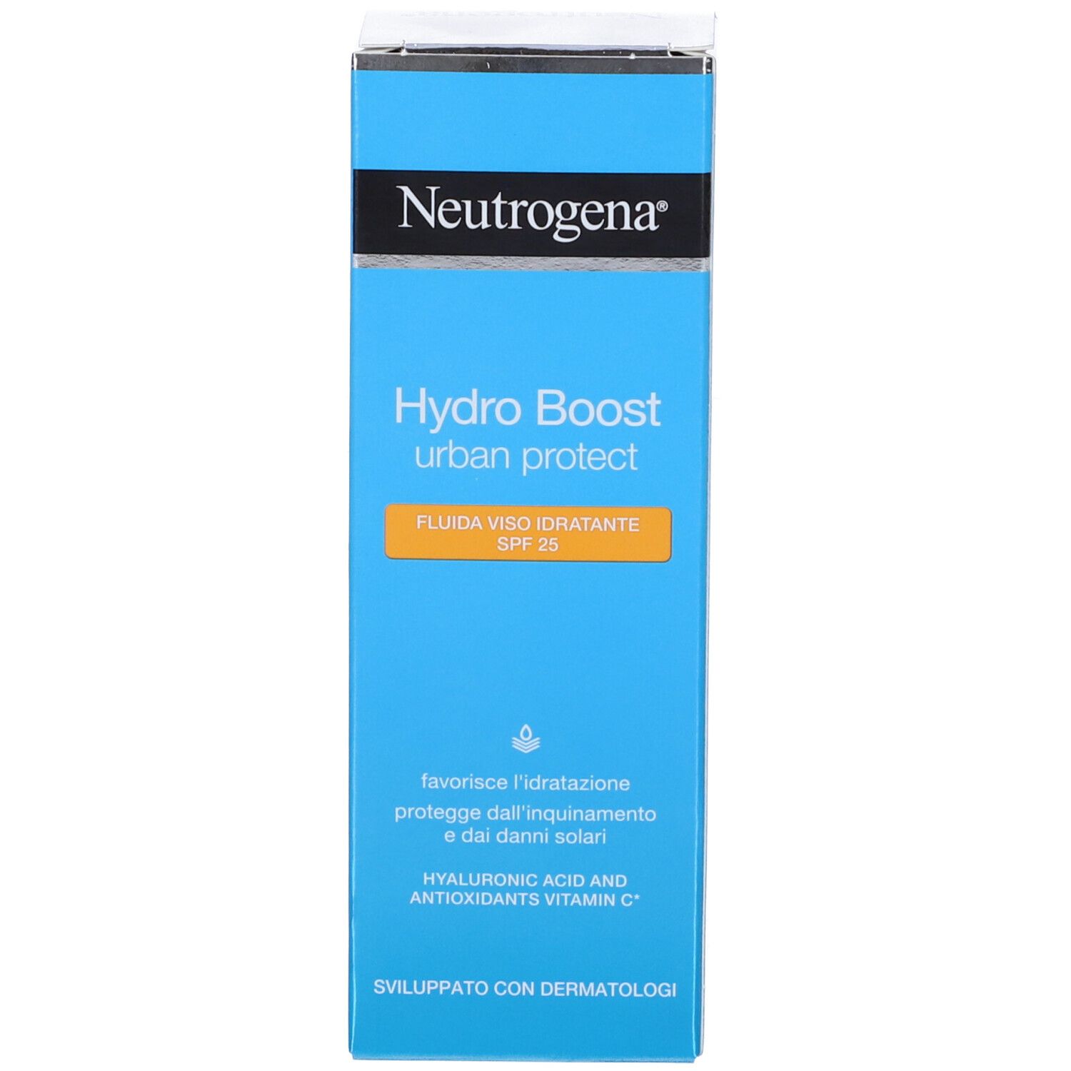 Lato della confezione Neutrogena Hydro Boost Urban Protect Fluido. Testo e informazioni.