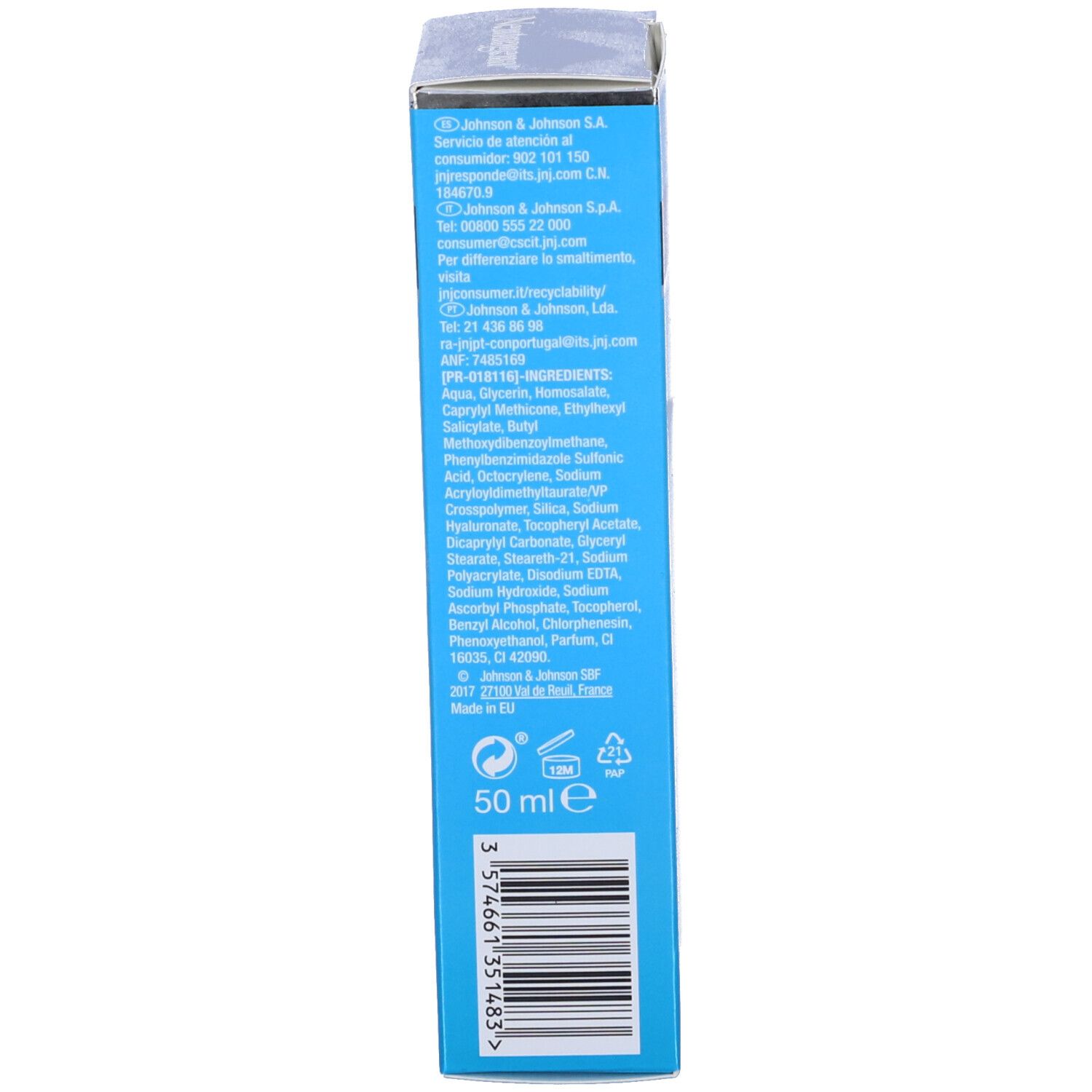 Lato della confezione Neutrogena Hydro Boost Urban Protect Fluido. Testo e informazioni.