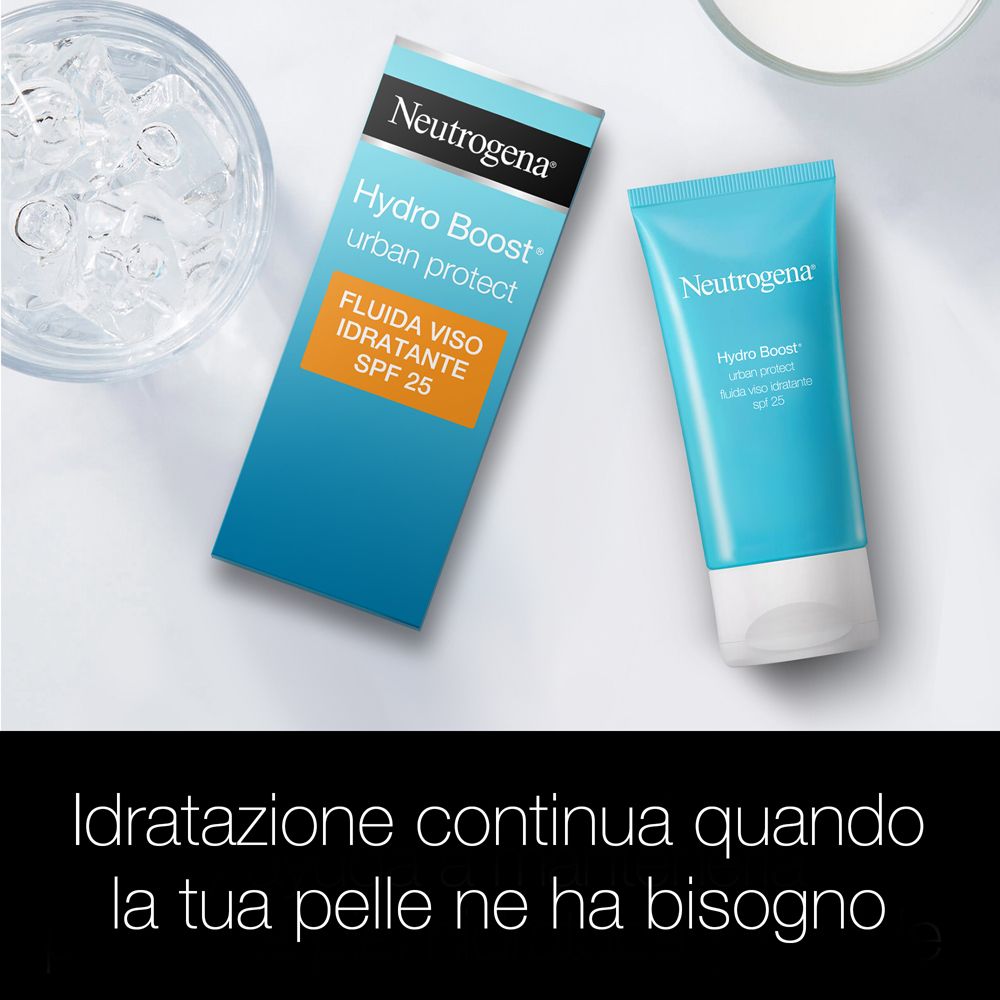 Neutrogena Hydro Boost Urban Protect Fluido Spf 25. Prodotto e confezione. Blu e bianco.