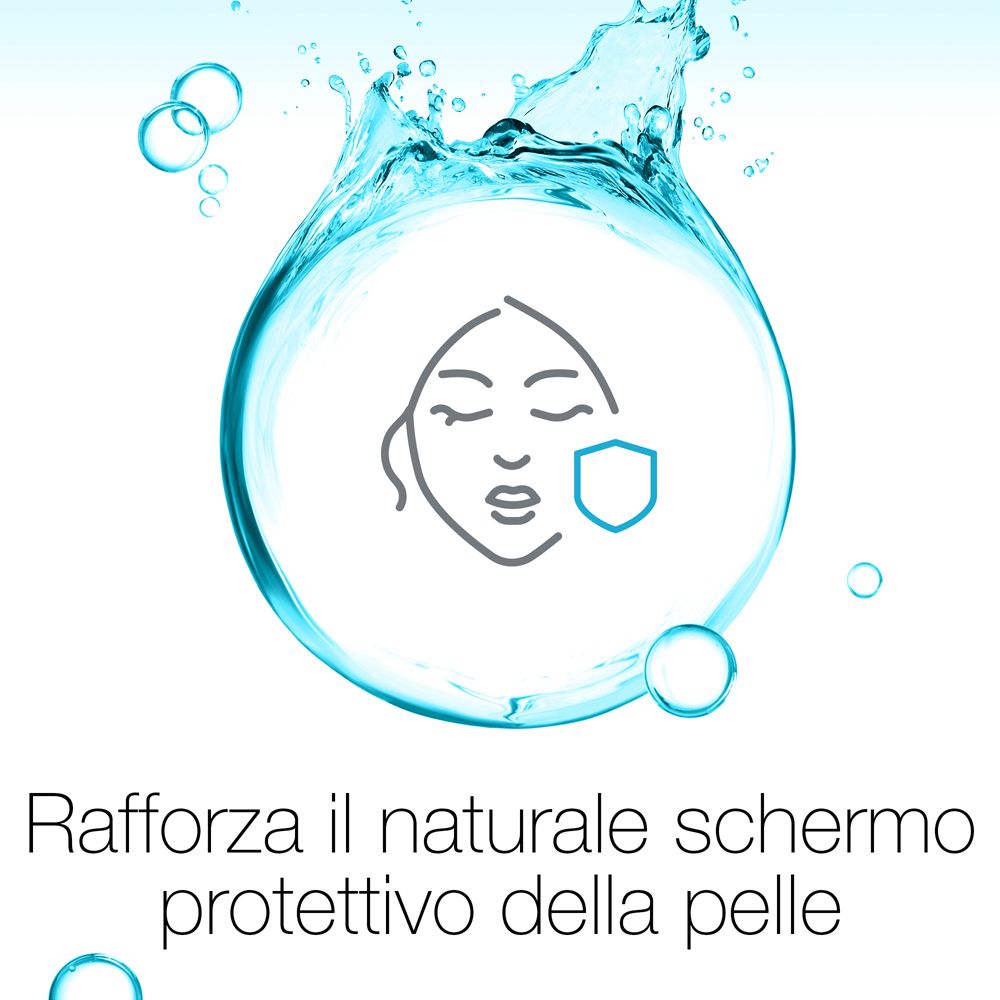 Simbolo: viso con scudo. Testo: Rafforza lo schermo protettivo naturale della pelle.