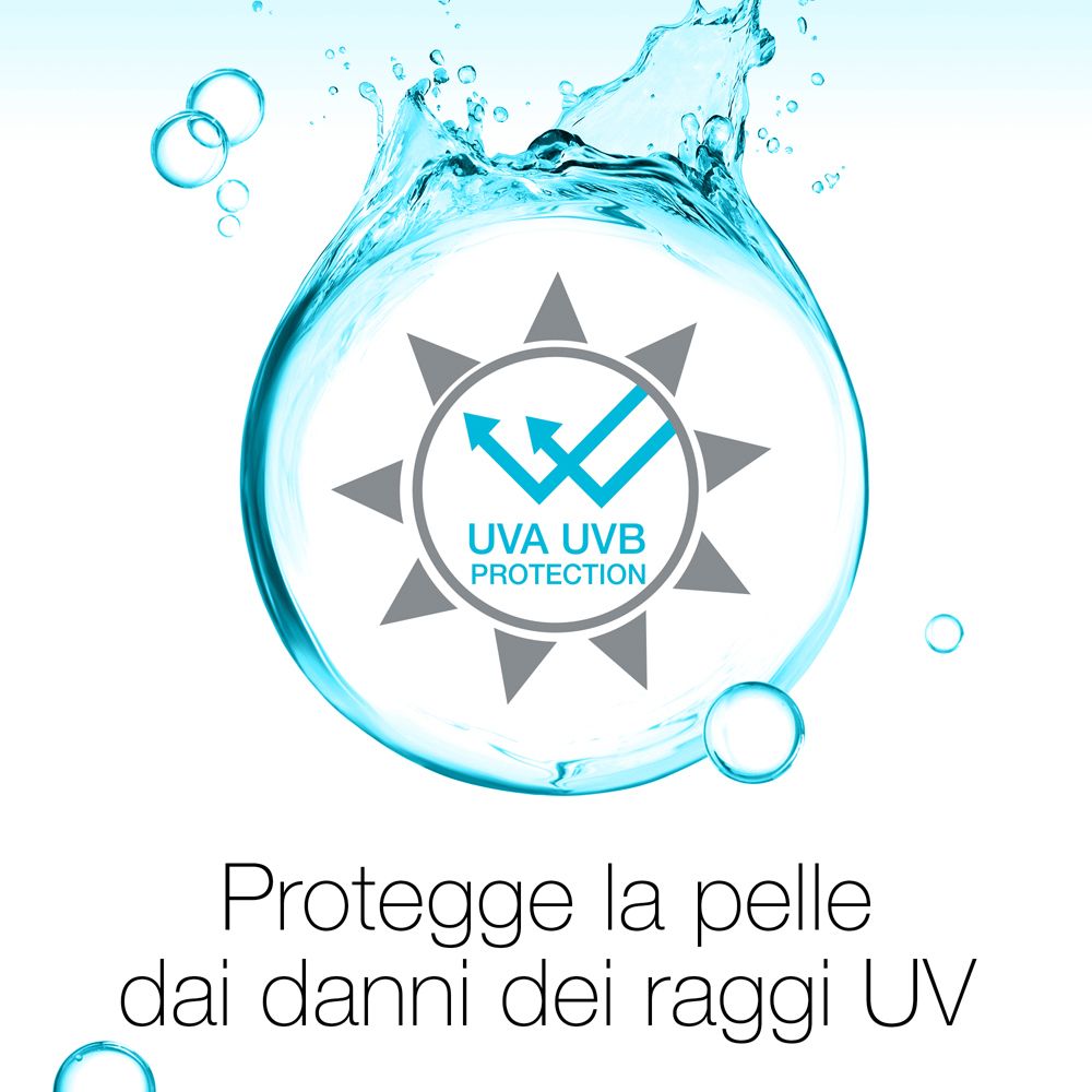 Simbolo: sole con raggi UV. Testo: Protegge la pelle dai danni dei raggi UV.