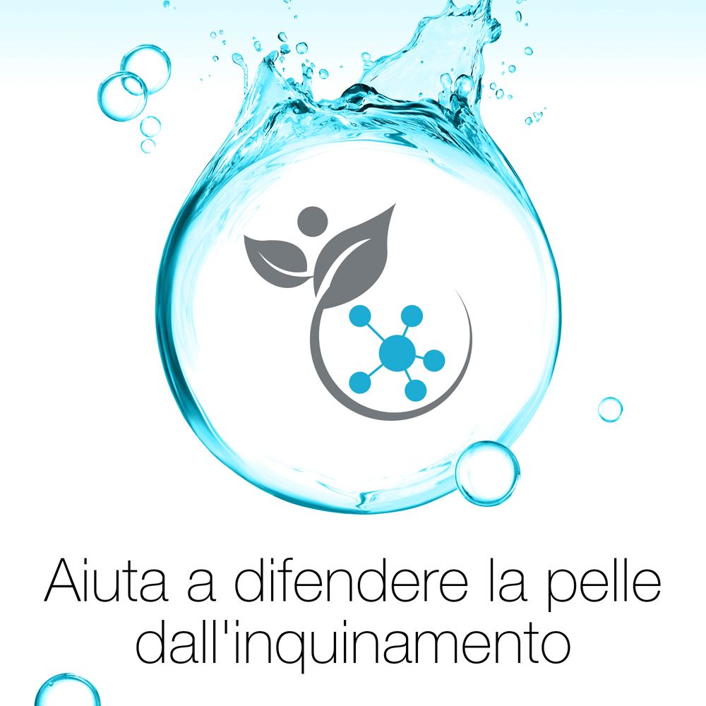 Simbolo: foglie e molecole. Testo: Aiuta a difendere la pelle dall'inquinamento.