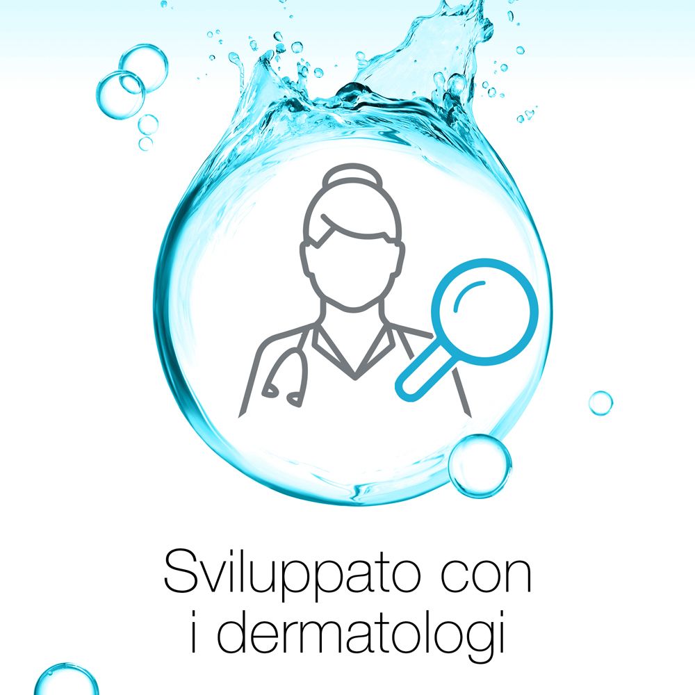 Simbolo: medico con lente d'ingrandimento. Testo: Sviluppato con i dermatologi.