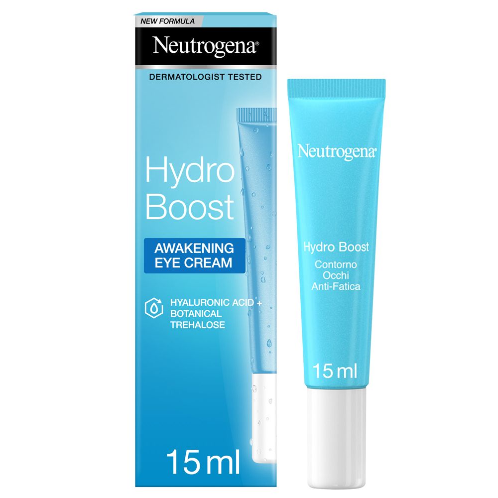 Tubo e scatola azzurri. Scritto: Hydro Boost, crema occhi. 15 ml.