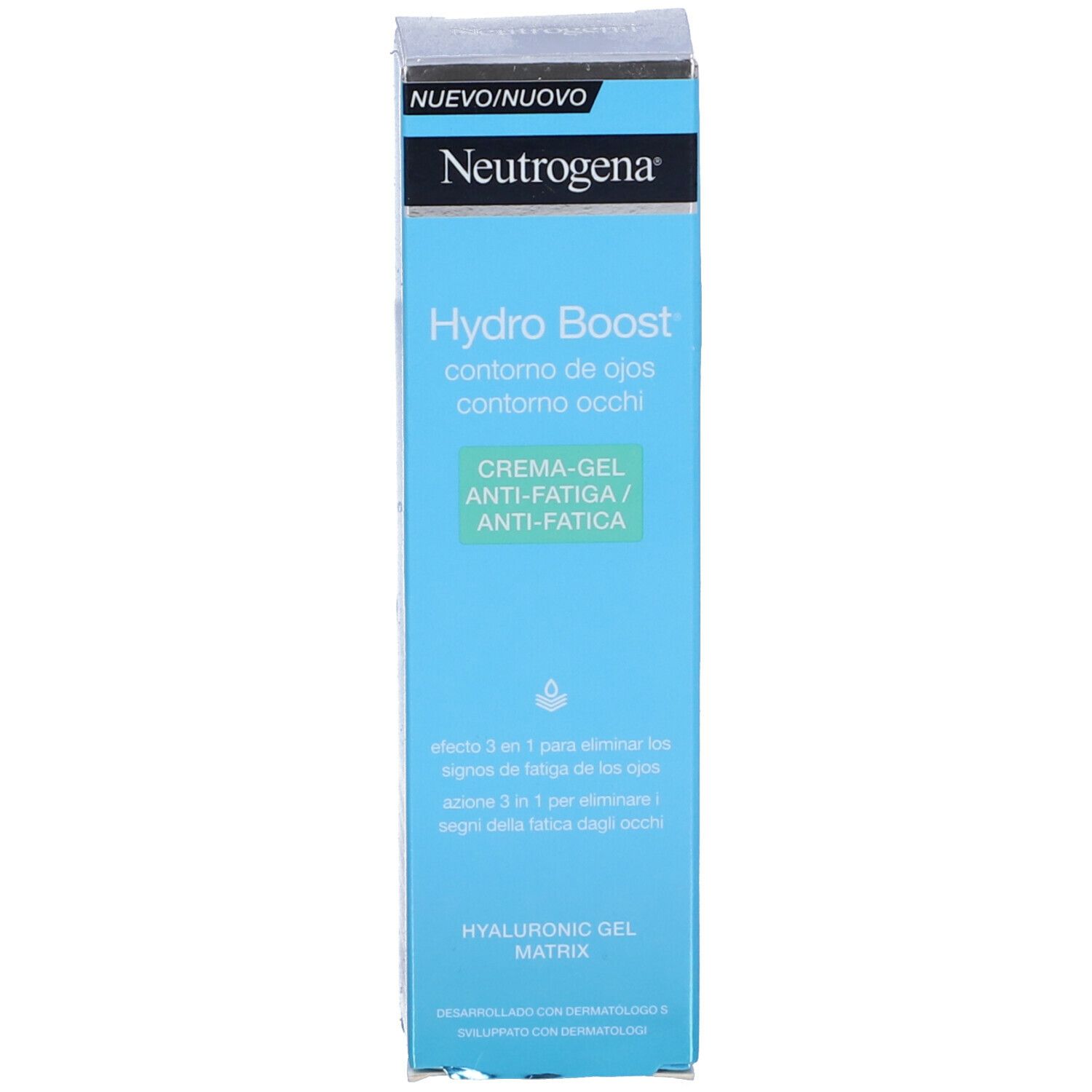 Scatola azzurra. Scritto: Hydro Boost, crema-gel anti-fatica.