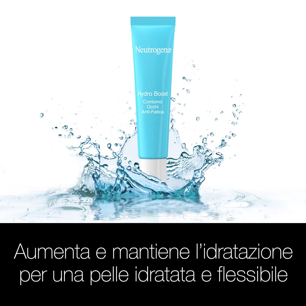 Tubo azzurro. Spruzzi d'acqua. Testo: Aumenta e mantiene l'idratazione per una pelle idratata.