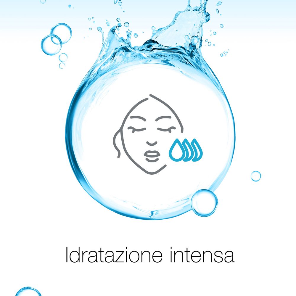 Simbolo: viso con gocce d'acqua. Testo: Idratazione intensa.