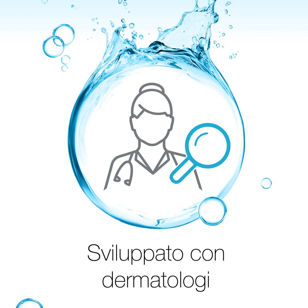 Simbolo: medico con lente d'ingrandimento. Testo: Sviluppato con dermatologi.