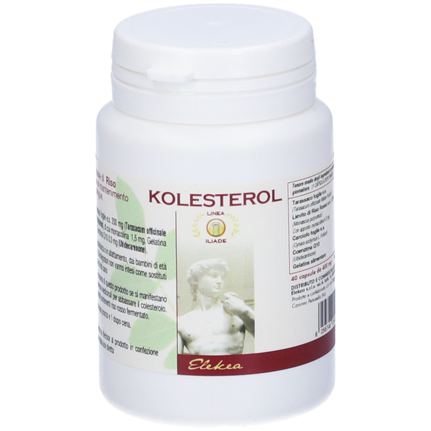 Flacone bianco con scritta KOLESTEROL. Etichetta con ingredienti e immagine di statua. Striscia rossa in basso.