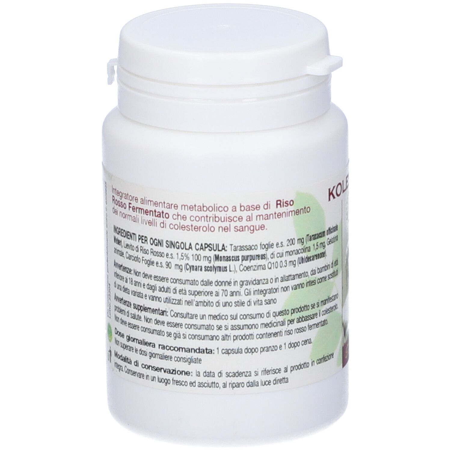 Flacone bianco con informazioni sugli ingredienti. Testo in italiano. Striscia rossa in basso. Coperchio bianco.