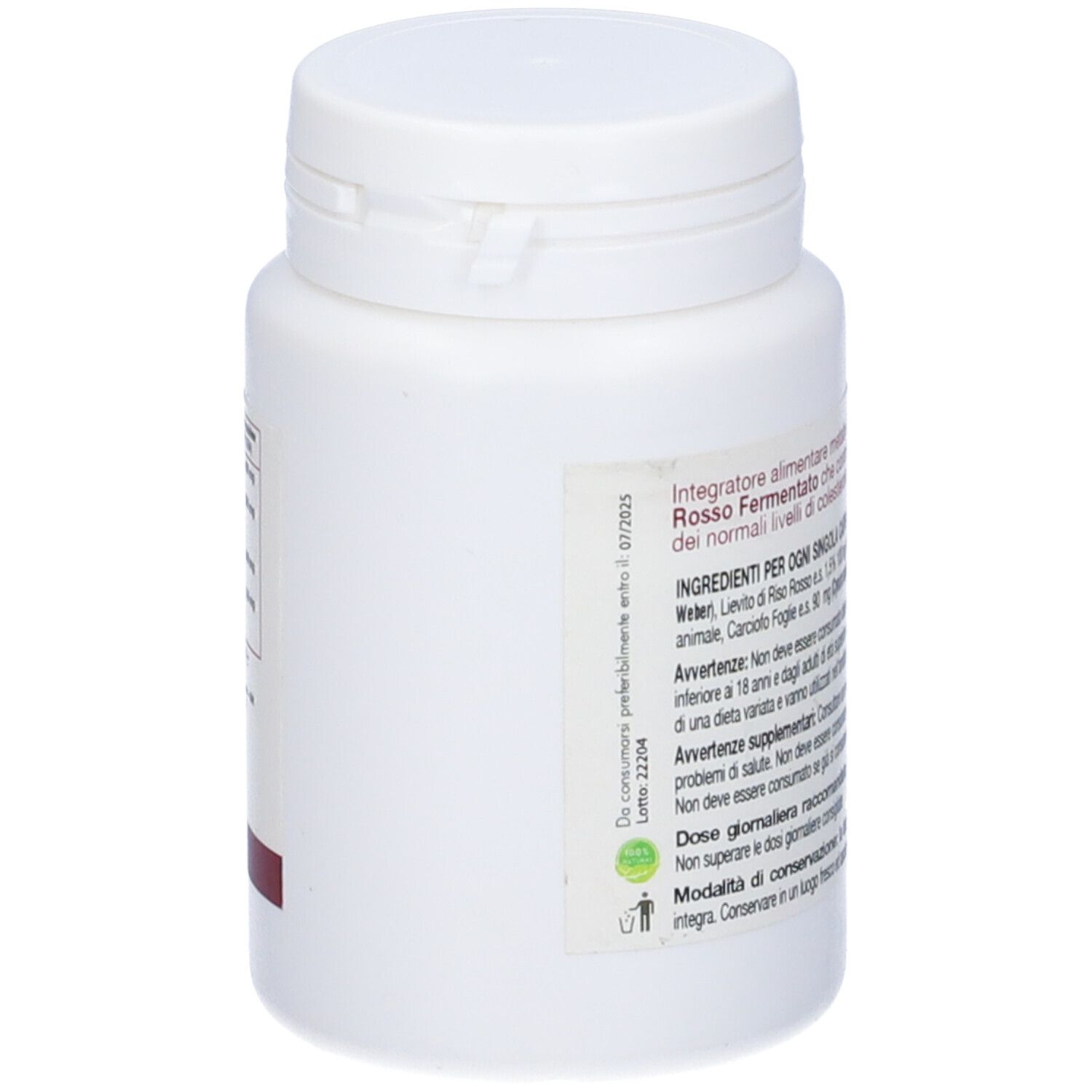 Flacone bianco con informazioni sugli ingredienti e testo in italiano. Logo verde. Striscia rossa in basso.