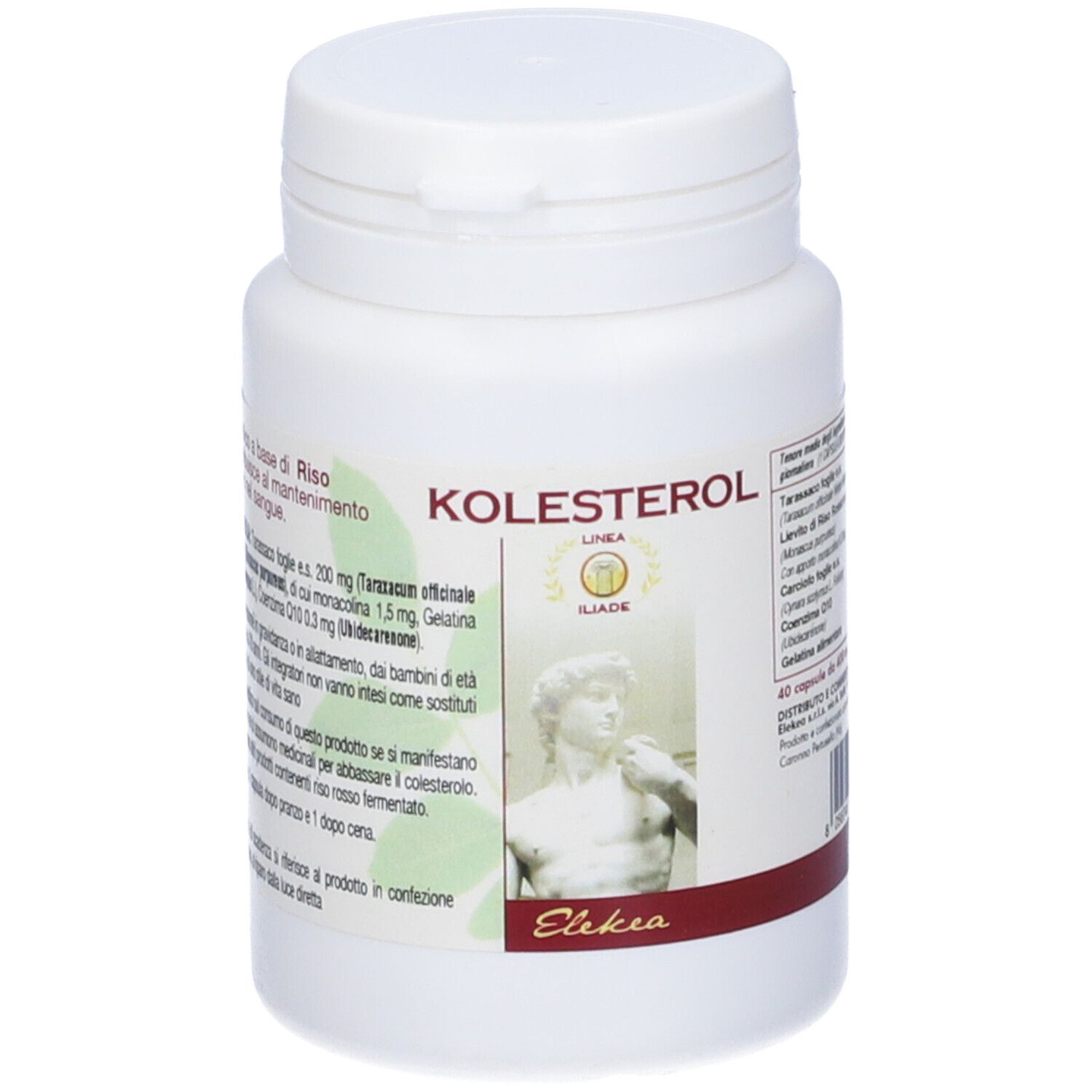 Flacone bianco con scritta KOLESTEROL. Etichetta con ingredienti e immagine di statua. Striscia rossa in basso.