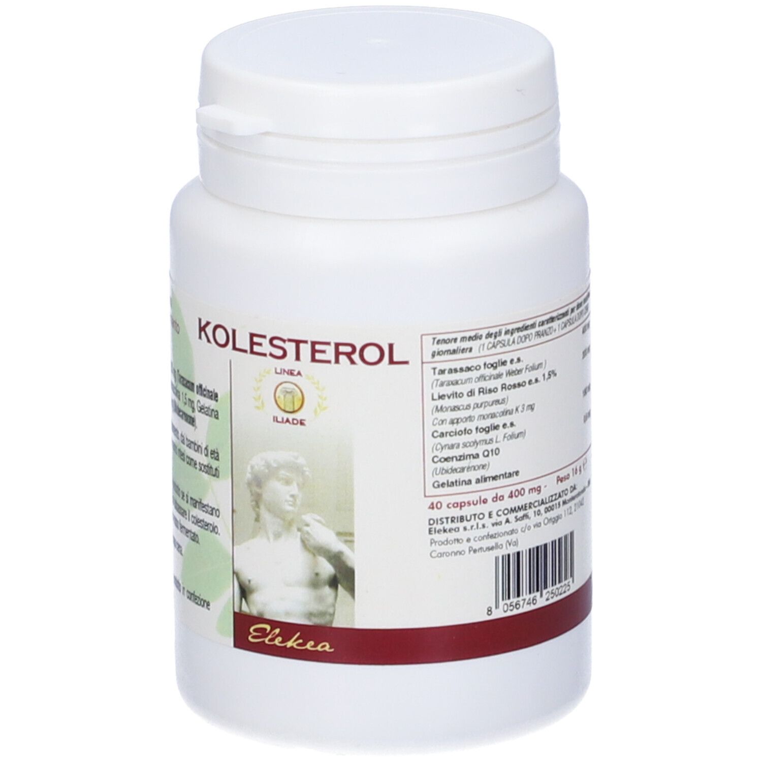 Flacone bianco con scritta KOLESTEROL. Etichetta con ingredienti e testo in italiano. Striscia rossa.