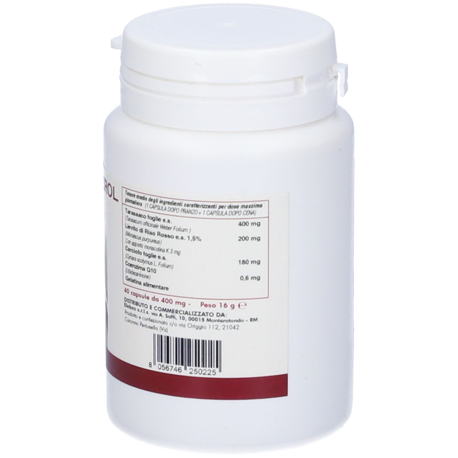 Flacone bianco con informazioni sugli ingredienti. Testo in italiano. Striscia rossa in basso. 40 capsule.