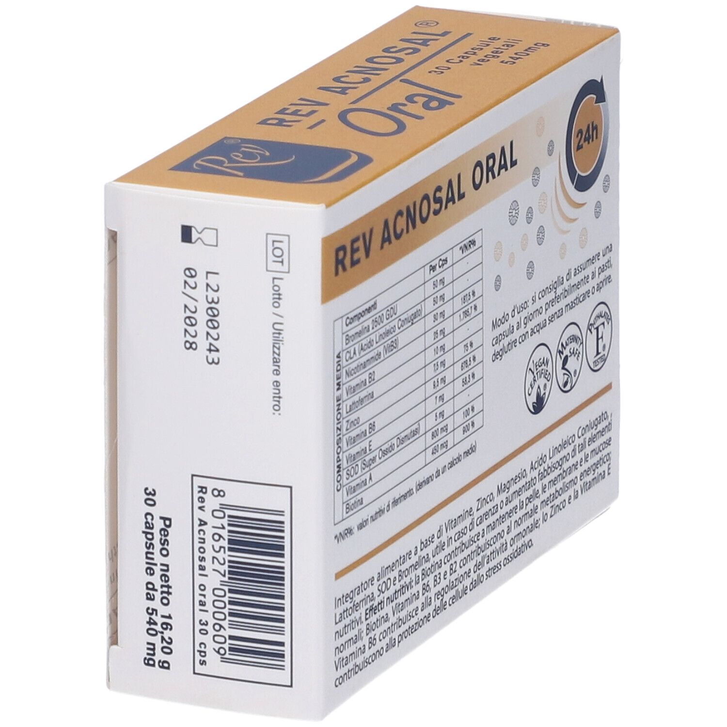 Vista obliqua della confezione del prodotto. Contiene informazioni sugli ingredienti e certificazioni. Scritta: REV ACNOSAL Oral.