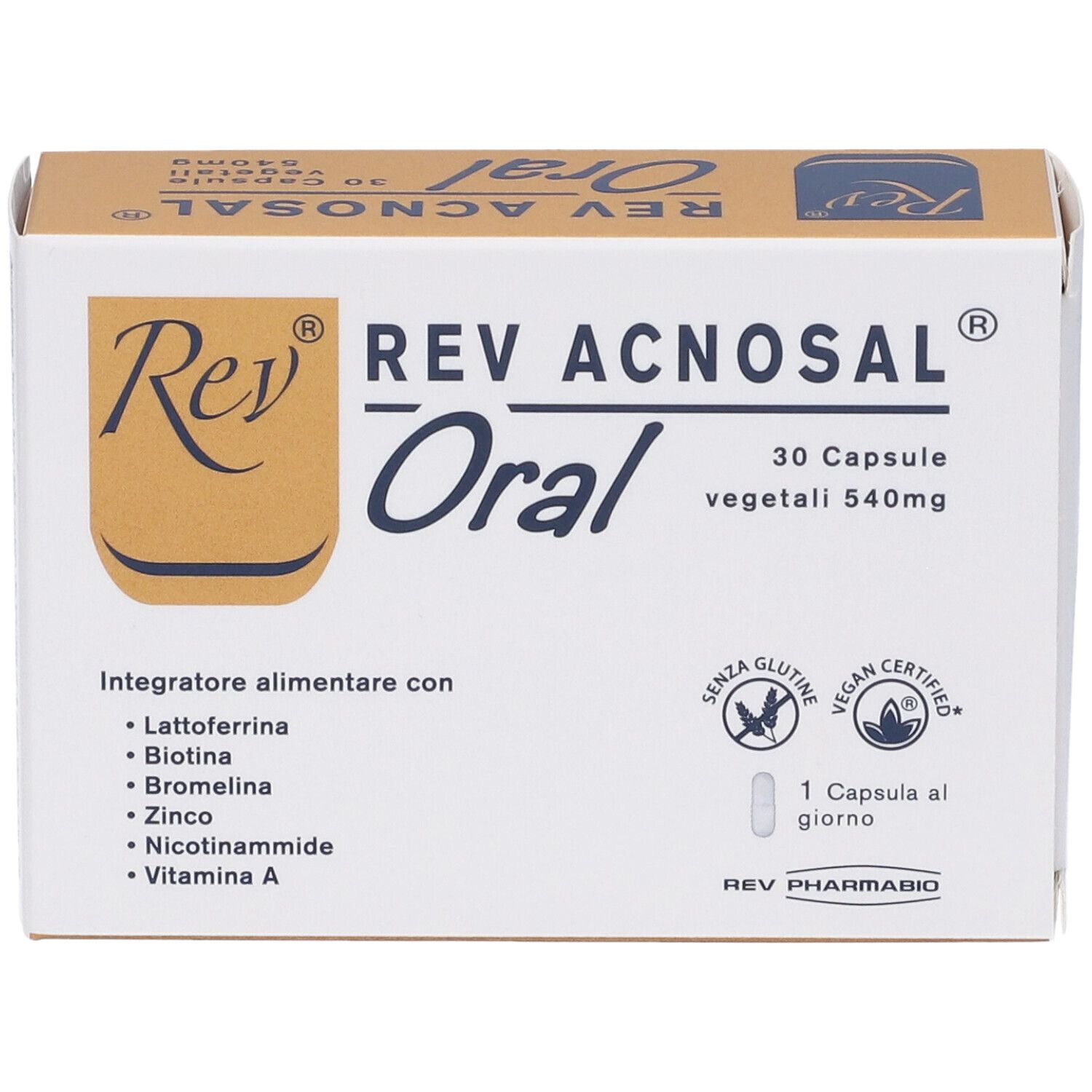 Confezione del prodotto con scritta: REV ACNOSAL Oral. Contiene 30 capsule. Con ingredienti e certificazioni.