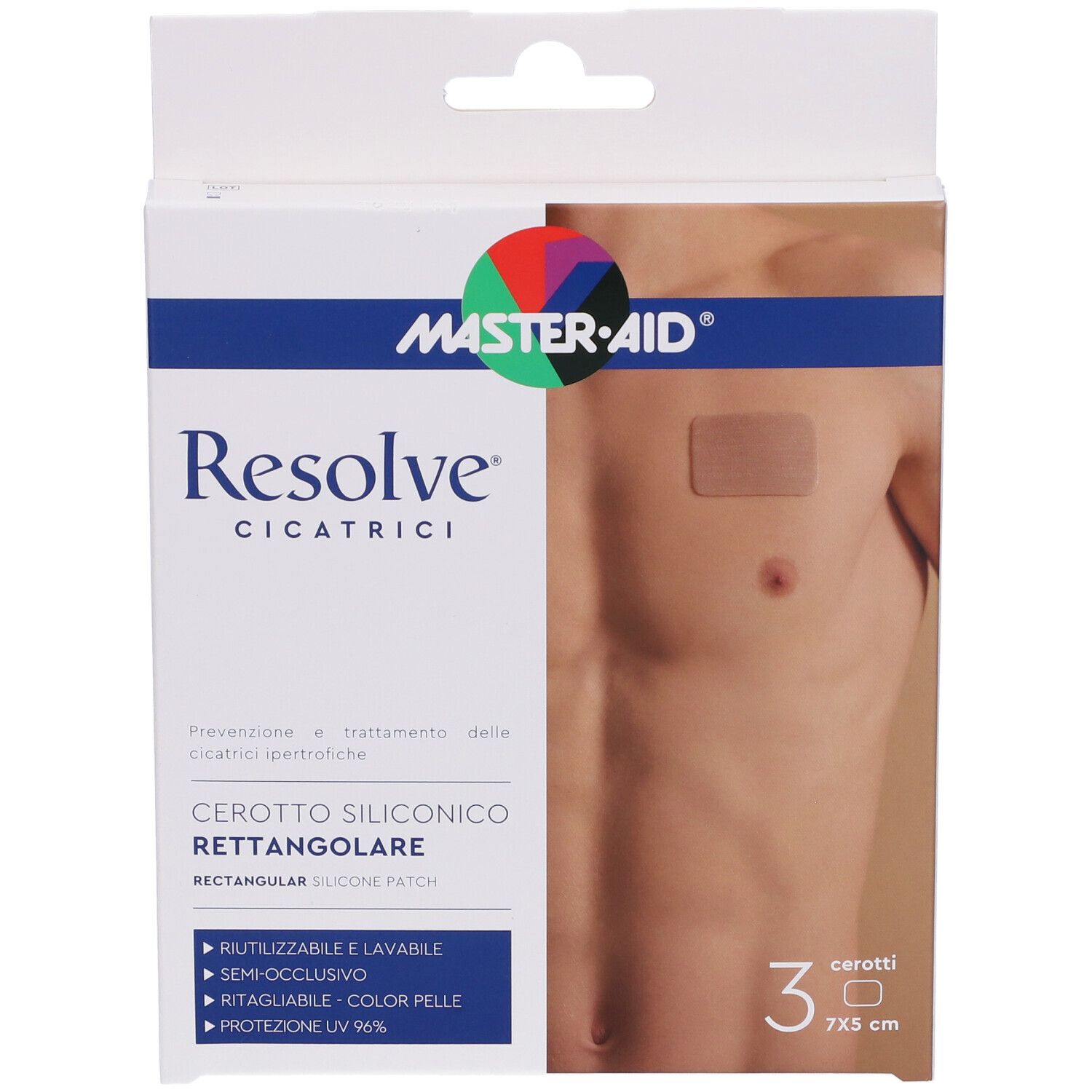 Confezione di 3 cerotti siliconici rettangolari. Marchio Resolve, Master-Aid. Dimensioni 7x5 cm. Scritto: Cerotti Cicatrici.