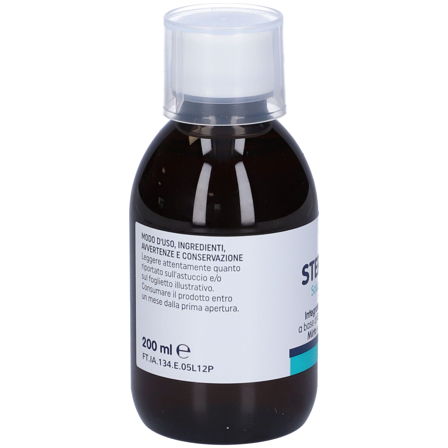 Flacone di liquido marrone con tappo bianco. Etichetta con informazioni sul prodotto e volume.