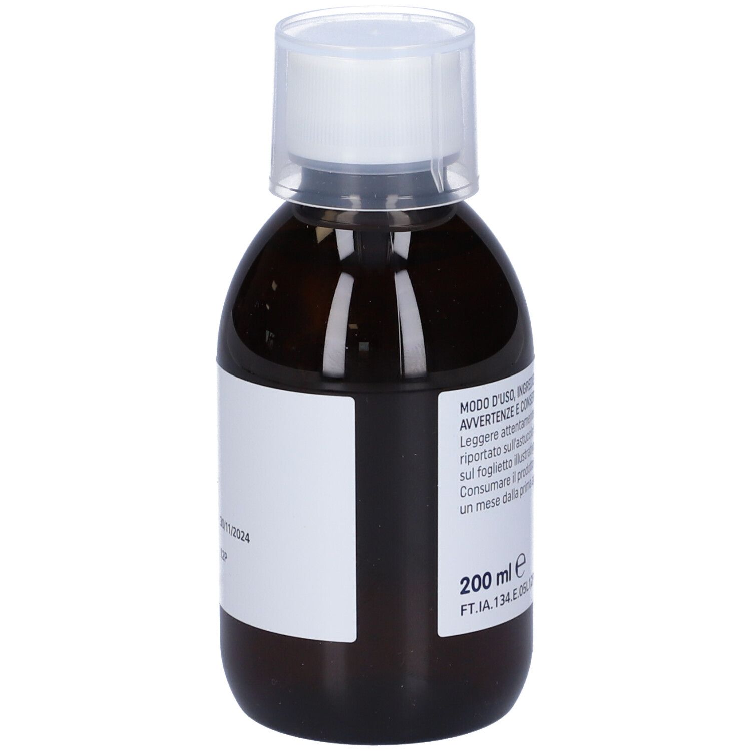 Flacone di liquido marrone con tappo bianco. Etichetta con informazioni sul prodotto e volume.