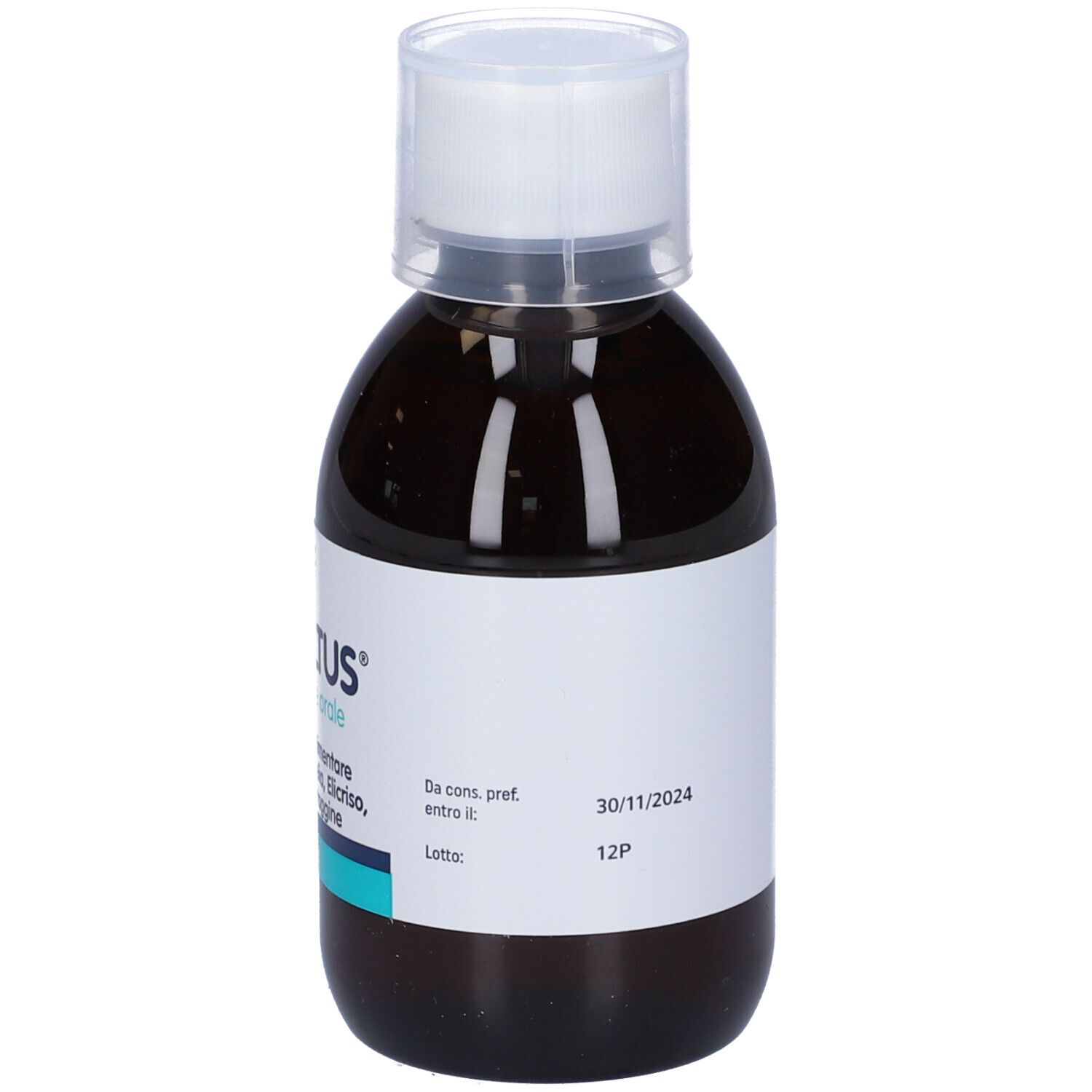 Flacone di liquido marrone con tappo bianco. Etichetta con informazioni sul prodotto e data di scadenza.