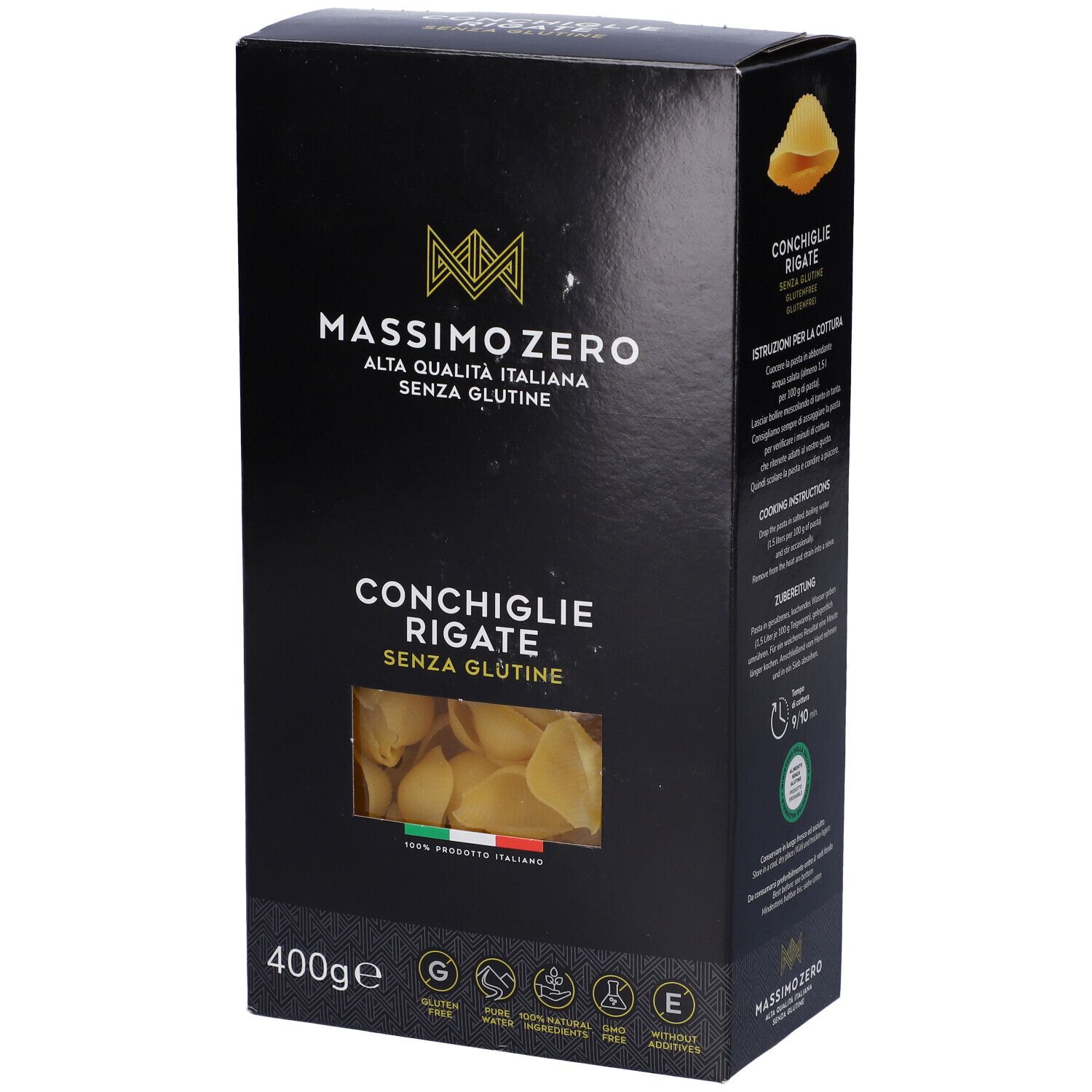 Confezione nera Massimo Zero Conchiglie Rigate. Pasta senza glutine, 400g. Finestra con pasta visibile.