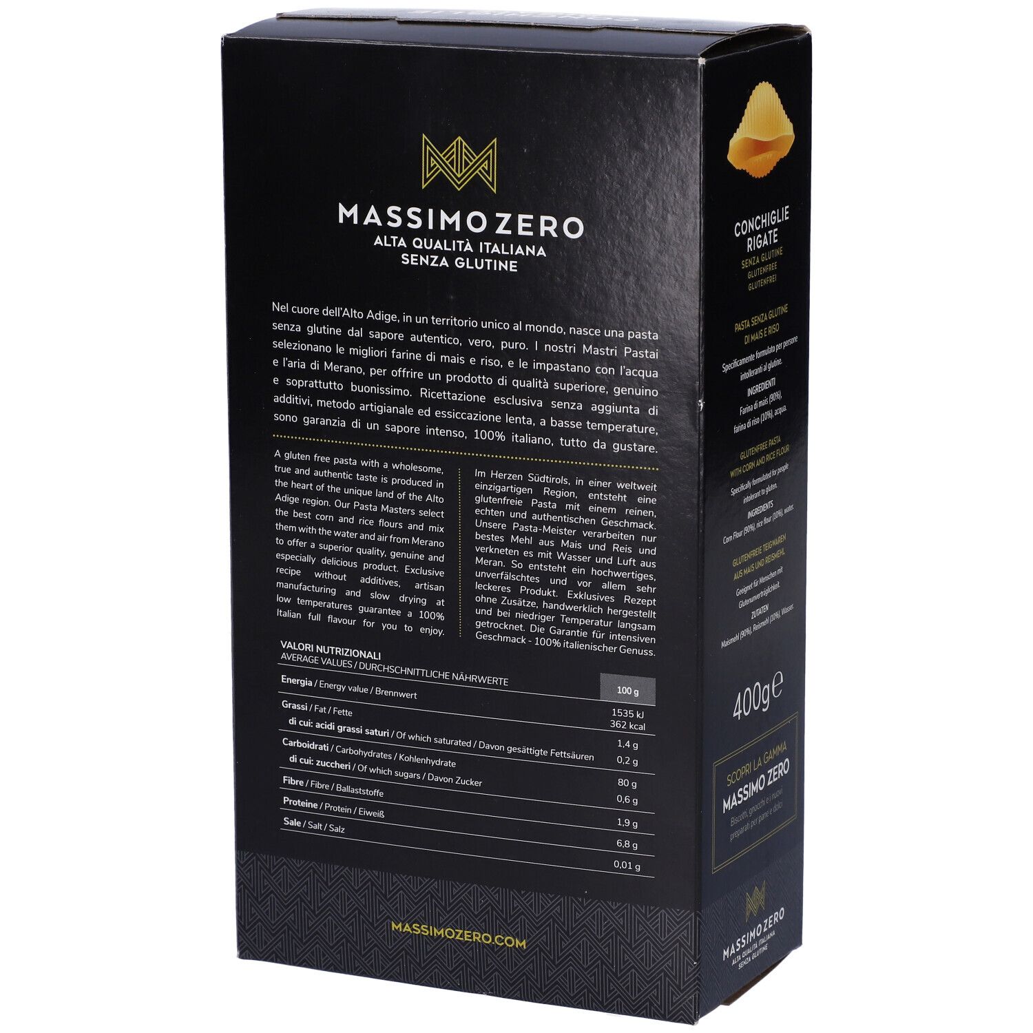 Retro della confezione nera. Massimo Zero Conchiglie Rigate. Pasta senza glutine, 400g. Testo e valori nutrizionali.