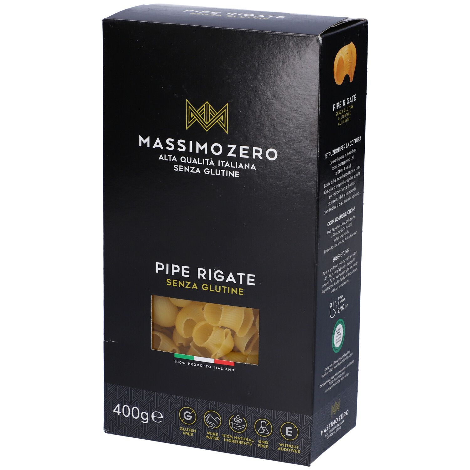 Confezione nera Massimo Zero Pipe Rigate Senza Glutine. Vista laterale. Finestra con pasta. 400g. Sigillo senza glutine.