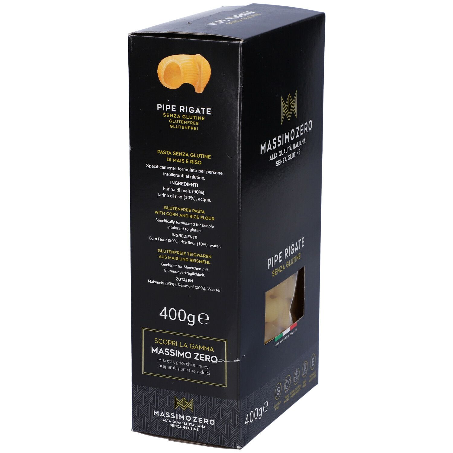 Confezione nera Massimo Zero Pipe Rigate Senza Glutine. Retro con elenco ingredienti e valori nutrizionali. 400g.