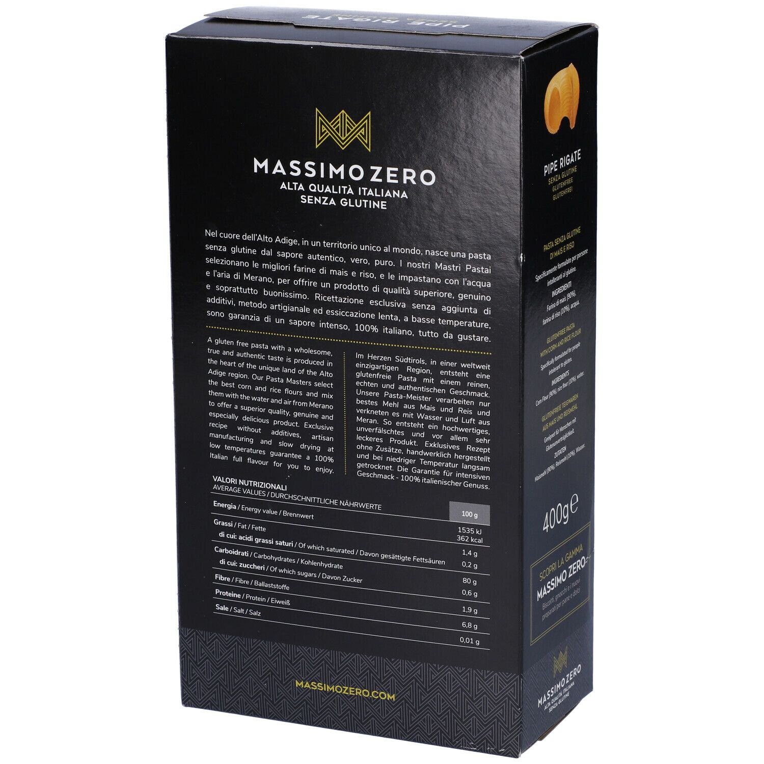 Confezione nera Massimo Zero Pipe Rigate Senza Glutine. Lato con istruzioni di cottura. 400g. Sigillo senza glutine.