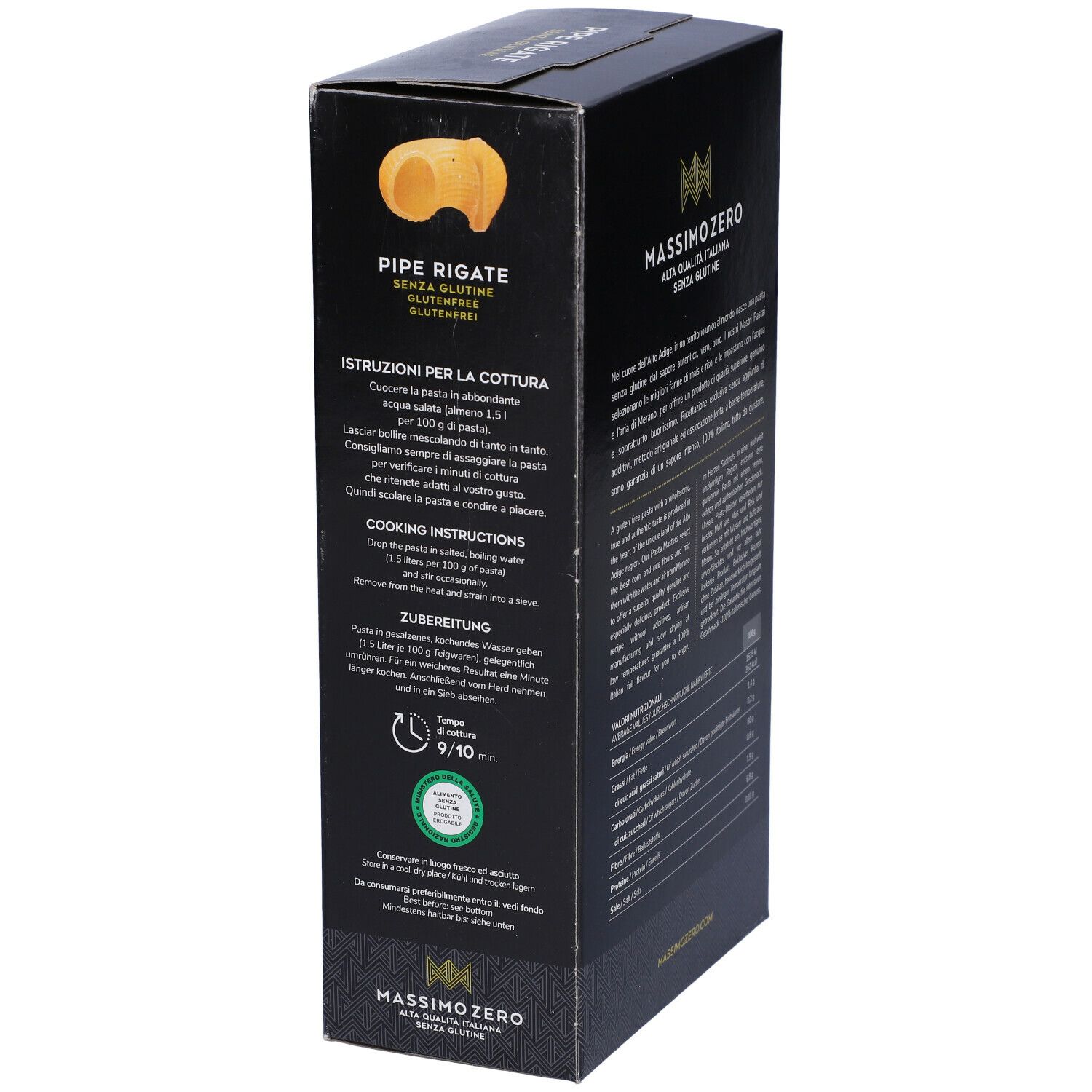 Confezione nera Massimo Zero Pipe Rigate Senza Glutine. Vista frontale. Finestra con pasta. 400g. Sigillo senza glutine.