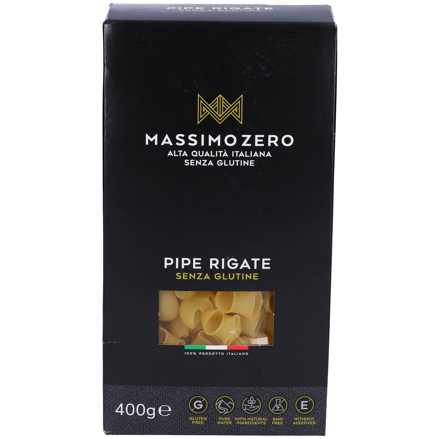 Confezione nera Massimo Zero Pipe Rigate Senza Glutine. Vista frontale. Finestra con pasta. 400g. Sigillo senza glutine.