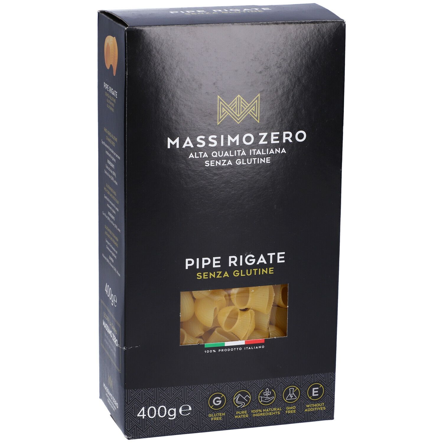 Confezione nera Massimo Zero Pipe Rigate Senza Glutine. Vista frontale. Finestra con pasta. 400g. Sigillo senza glutine.