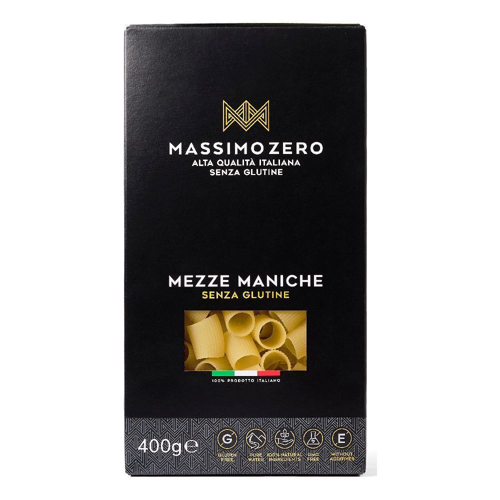 Confezione nera Massimo Zero Mezze Maniche. Finestra con pasta. Logo senza glutine e 400g. Bandiera italiana.
