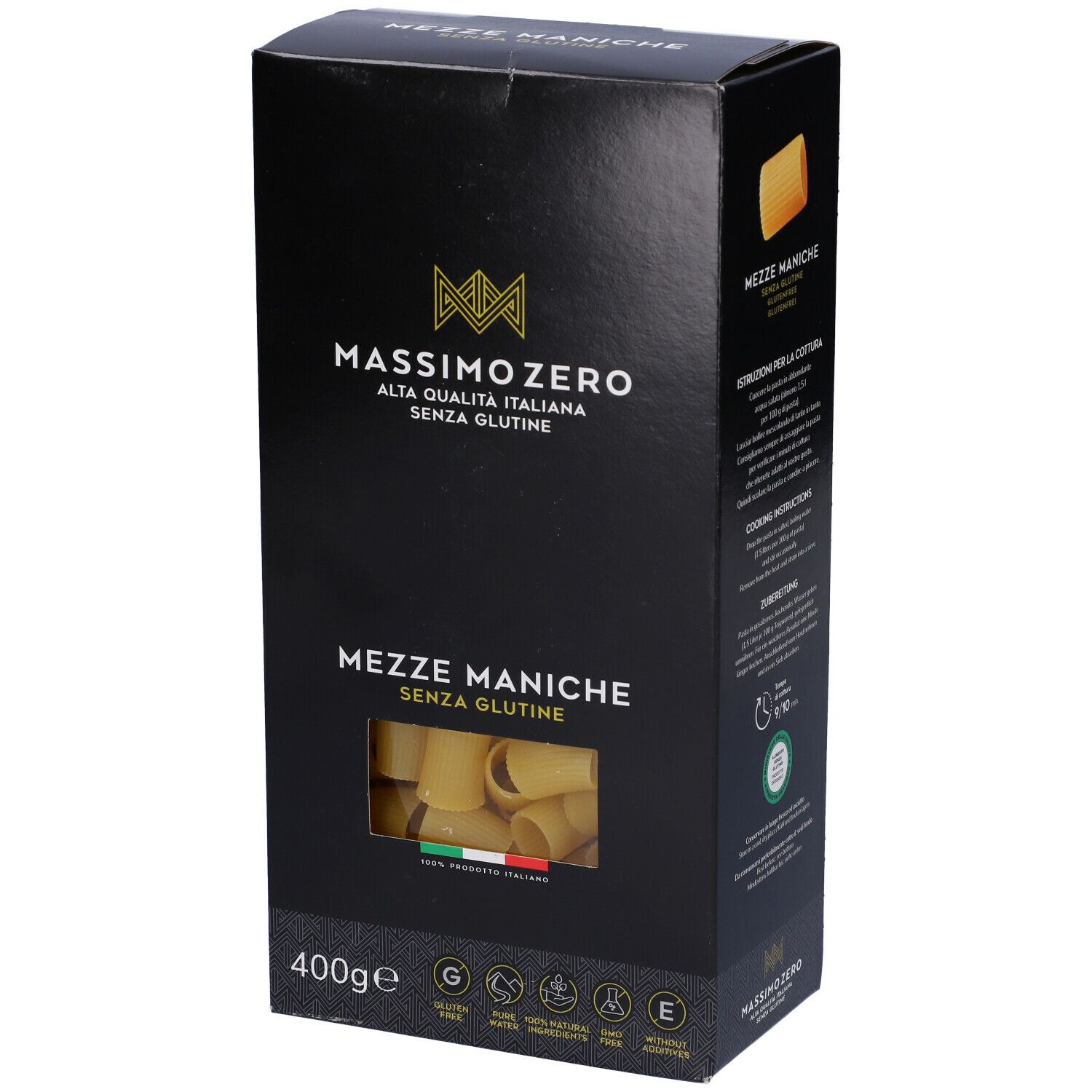 Confezione nera Massimo Zero Mezze Maniche, vista laterale. Logo senza glutine, 400g. Testo e pasta nella finestra.