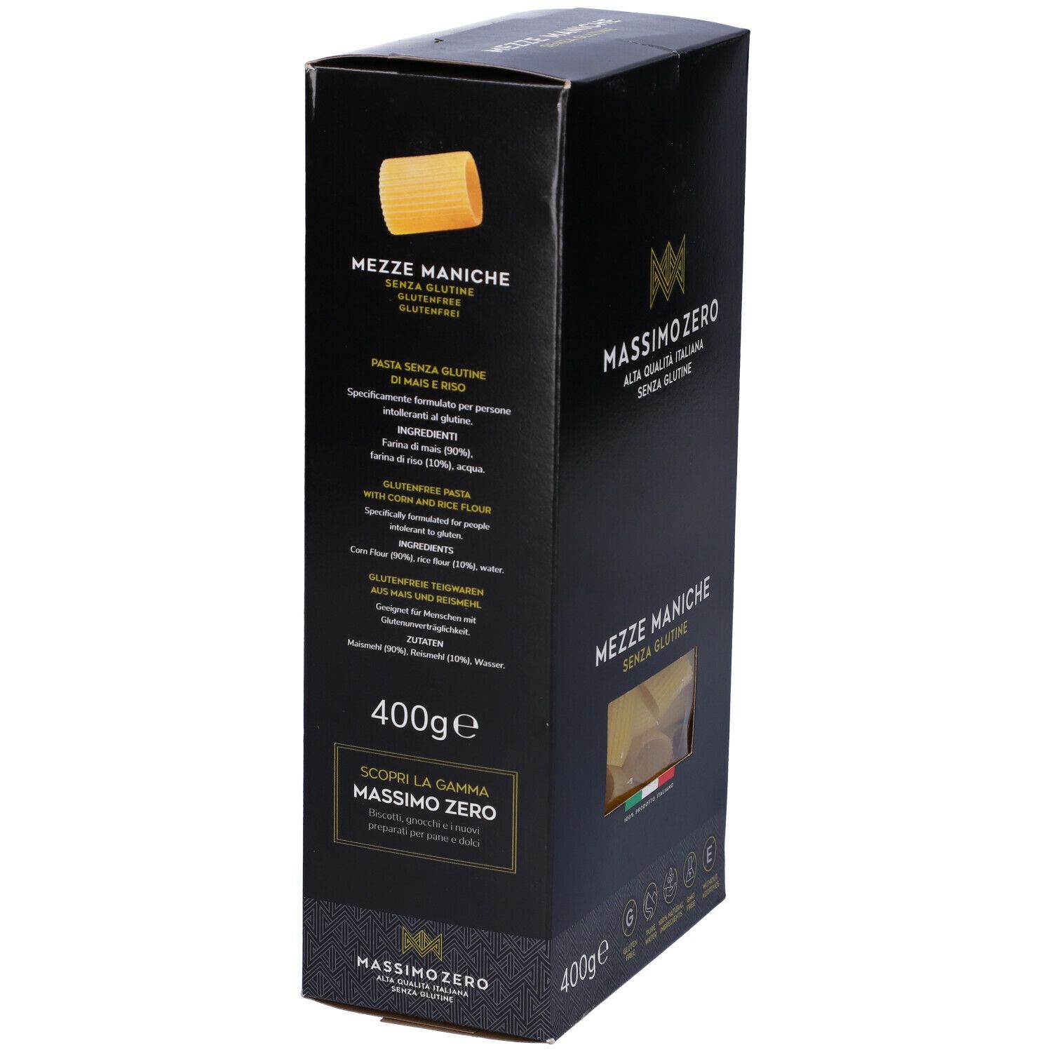 Confezione nera Massimo Zero Mezze Maniche. Retro con elenco ingredienti e valori nutrizionali. 400g.