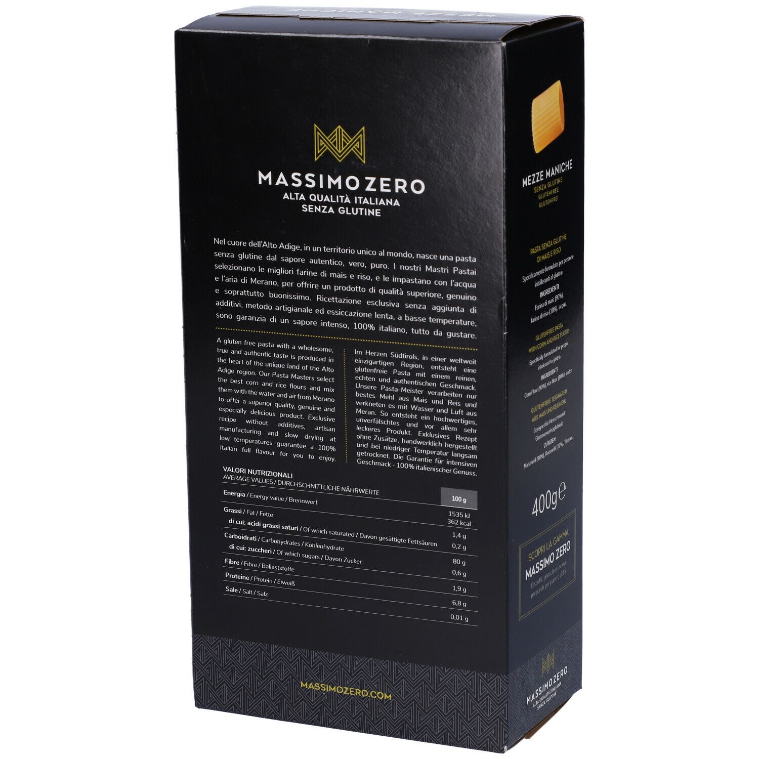 Confezione nera Massimo Zero Mezze Maniche. Retro con testo, valori nutrizionali e 400g. Senza glutine.