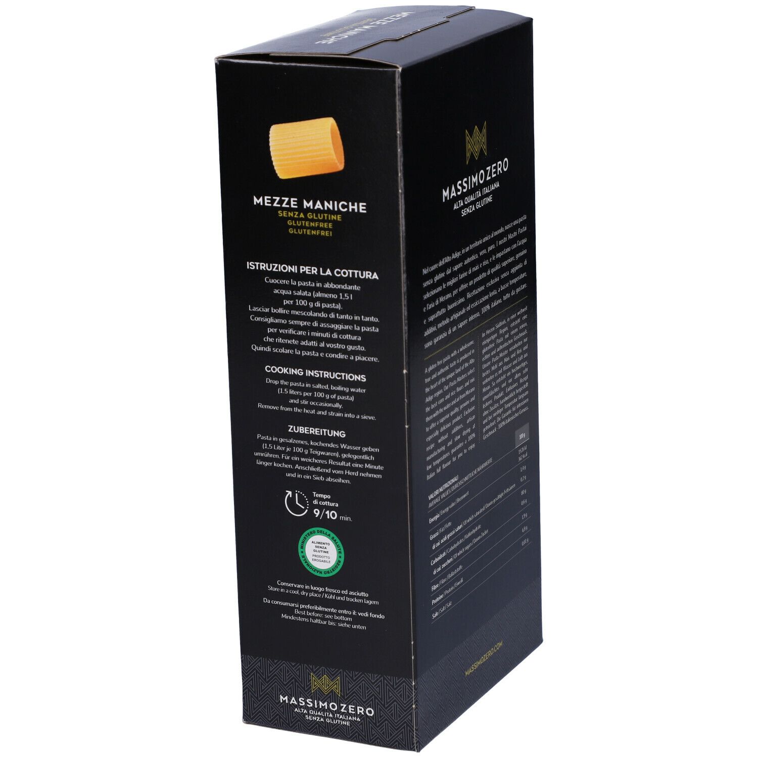 Confezione nera Massimo Zero Mezze Maniche. Retro con istruzioni di cottura e 400g. Senza glutine.