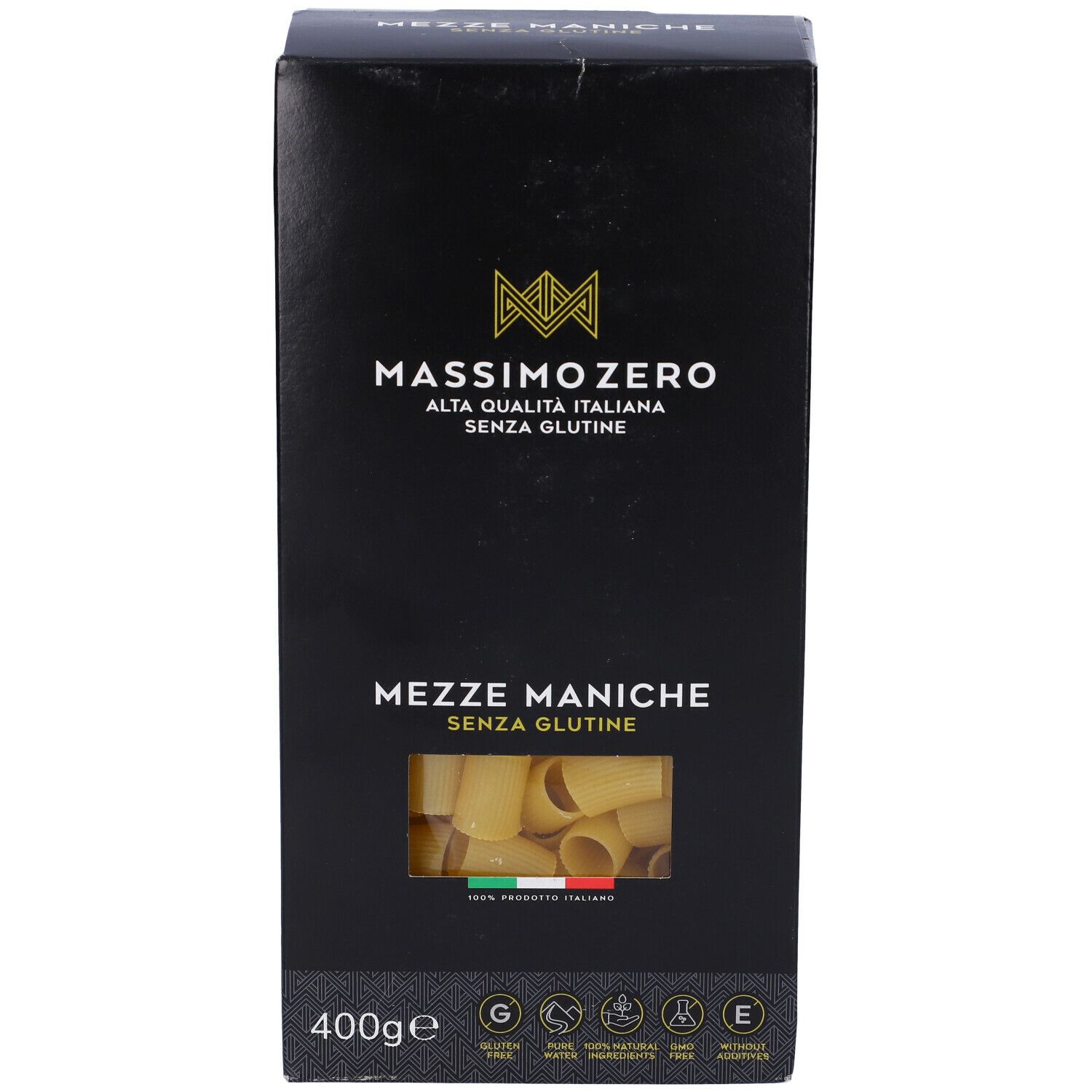 Confezione nera Massimo Zero Mezze Maniche. Finestra con pasta. Logo senza glutine e 400g. Bandiera italiana.
