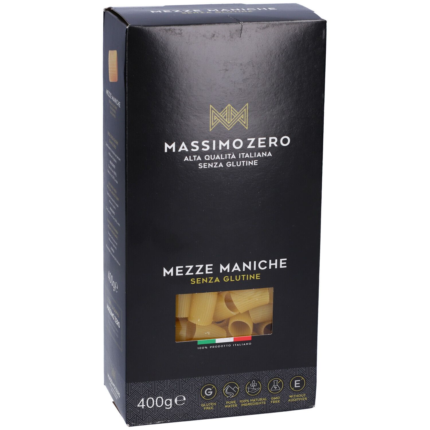 Confezione nera Massimo Zero Mezze Maniche. Finestra con pasta. Logo senza glutine e 400g. Bandiera italiana.