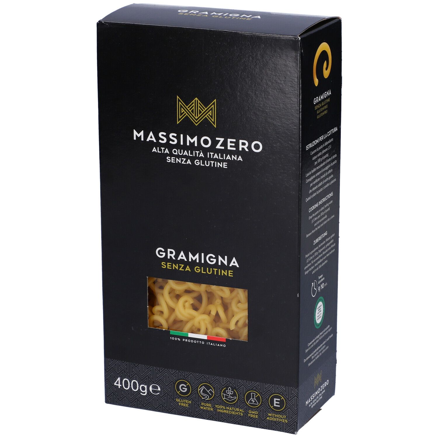 Confezione nera Massimo Zero Gramigna, vista laterale. Senza glutine, 400g. Con certificazioni.