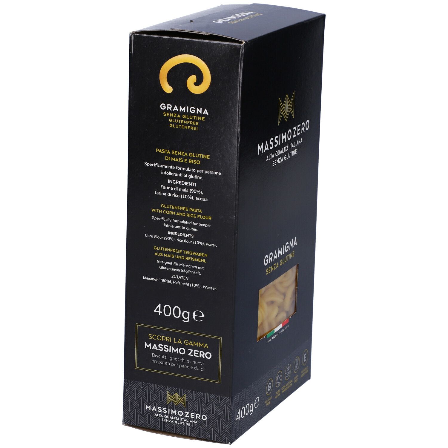 Confezione nera Massimo Zero Gramigna, vista obliqua. Senza glutine, 400g. Testo e logo.
