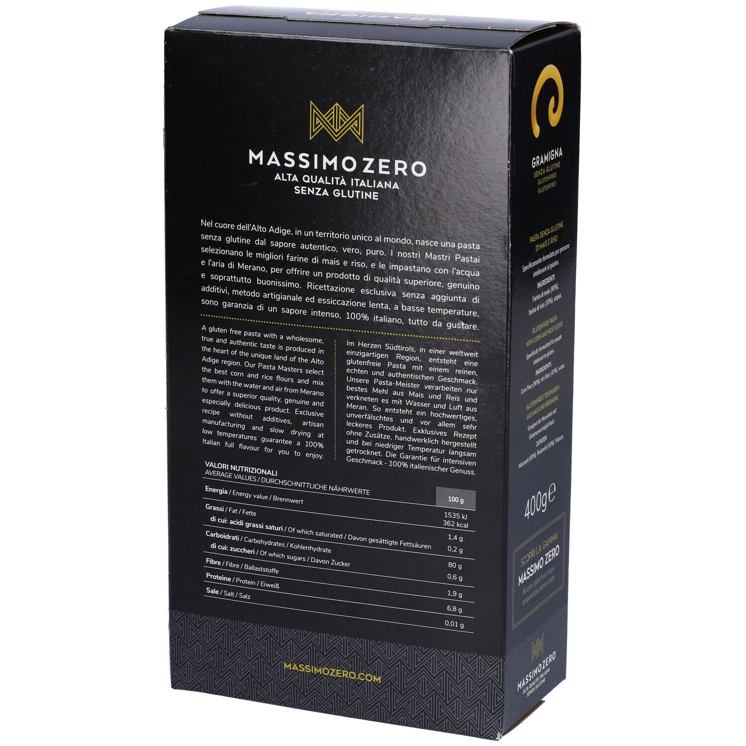Confezione nera Massimo Zero Gramigna, retro. Testo, informazioni nutrizionali, 400g.