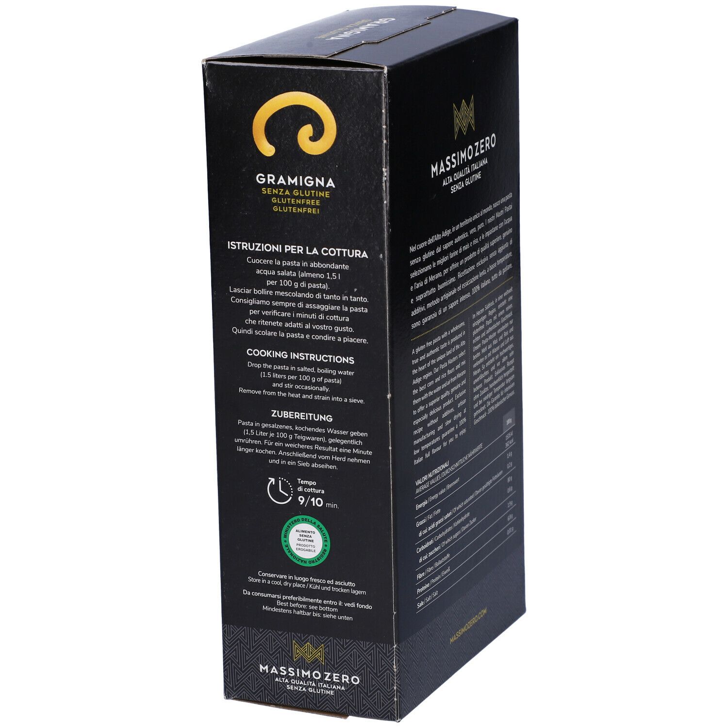 Confezione nera Massimo Zero Gramigna, lato. Istruzioni di cottura, 9/10 minuti, 400g.