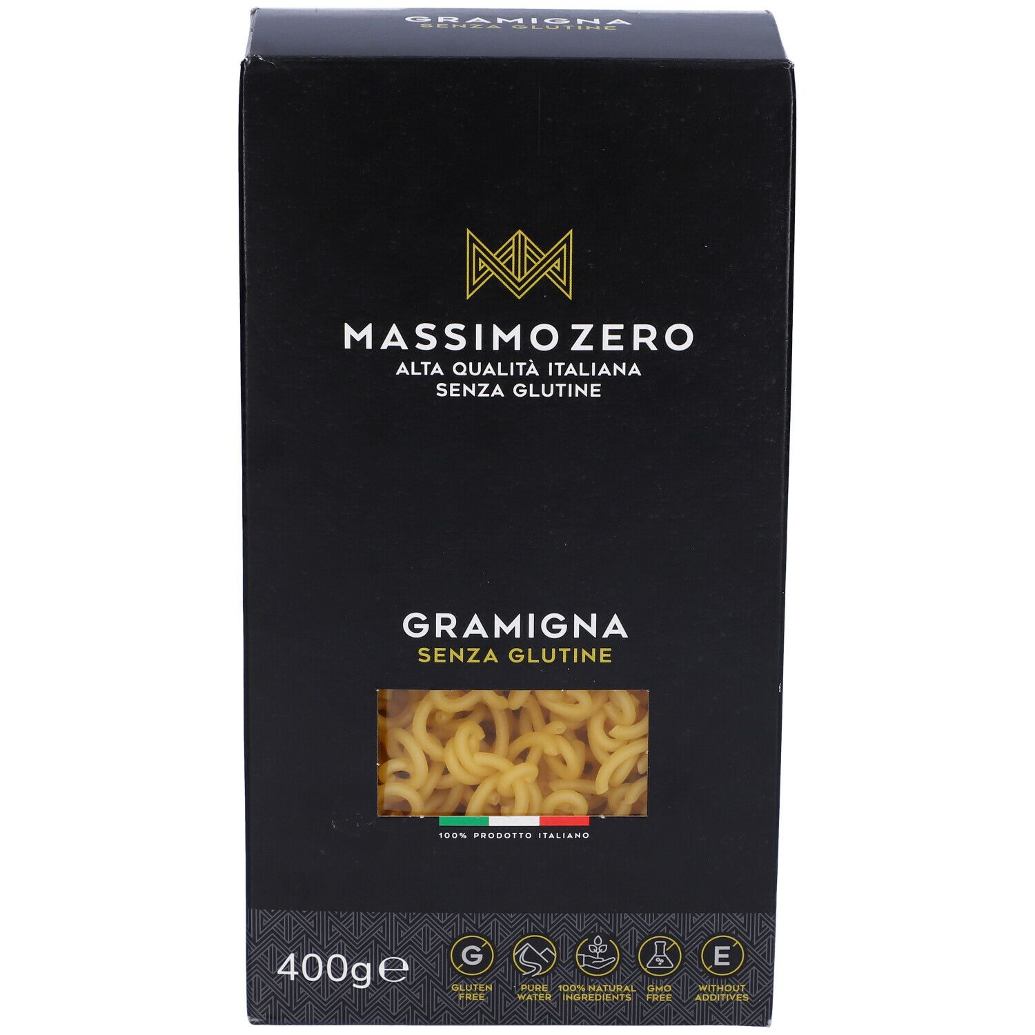Confezione nera Massimo Zero Gramigna. Finestra con pasta. Senza glutine, 400g.