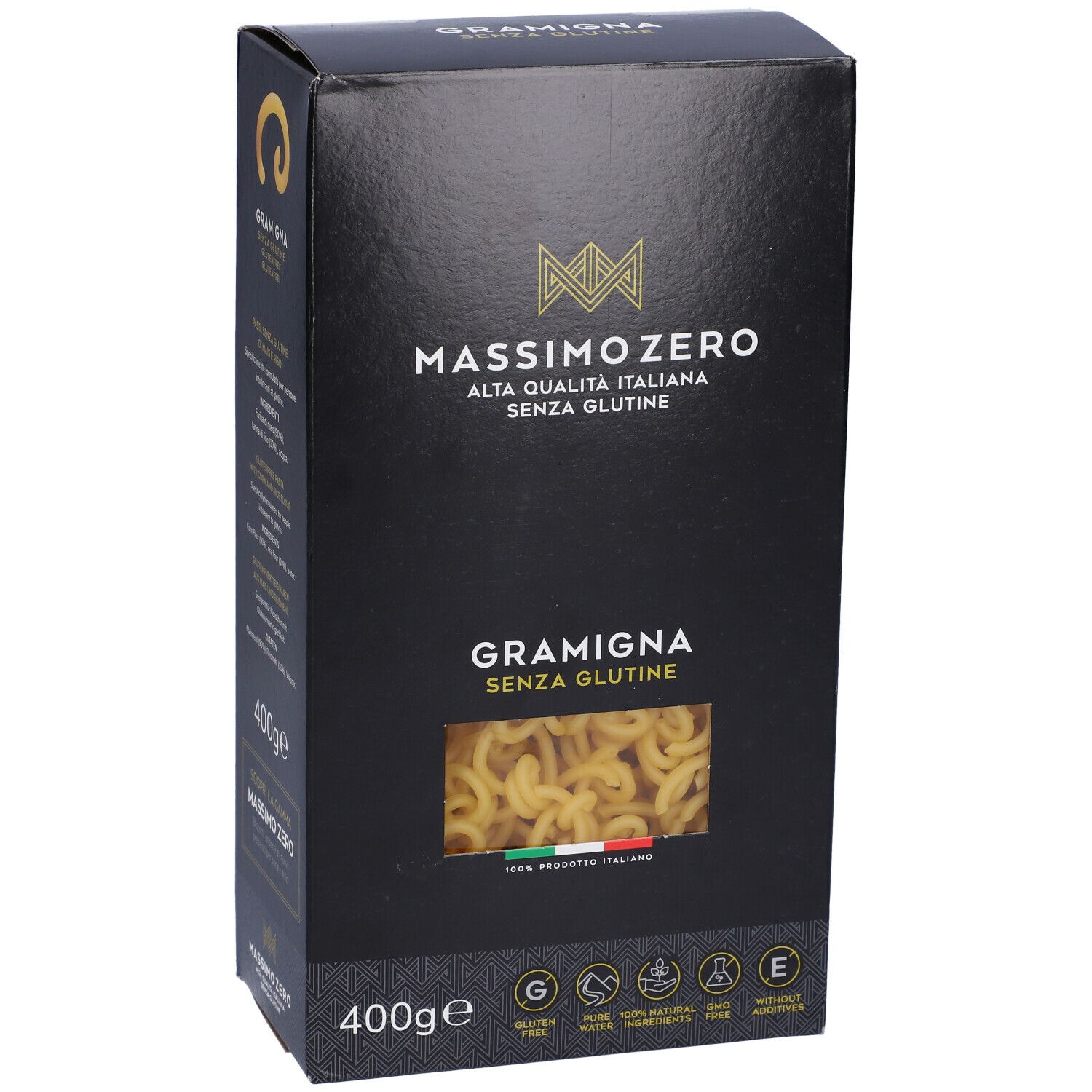 Confezione nera Massimo Zero Gramigna. Finestra con pasta. Senza glutine, 400g.
