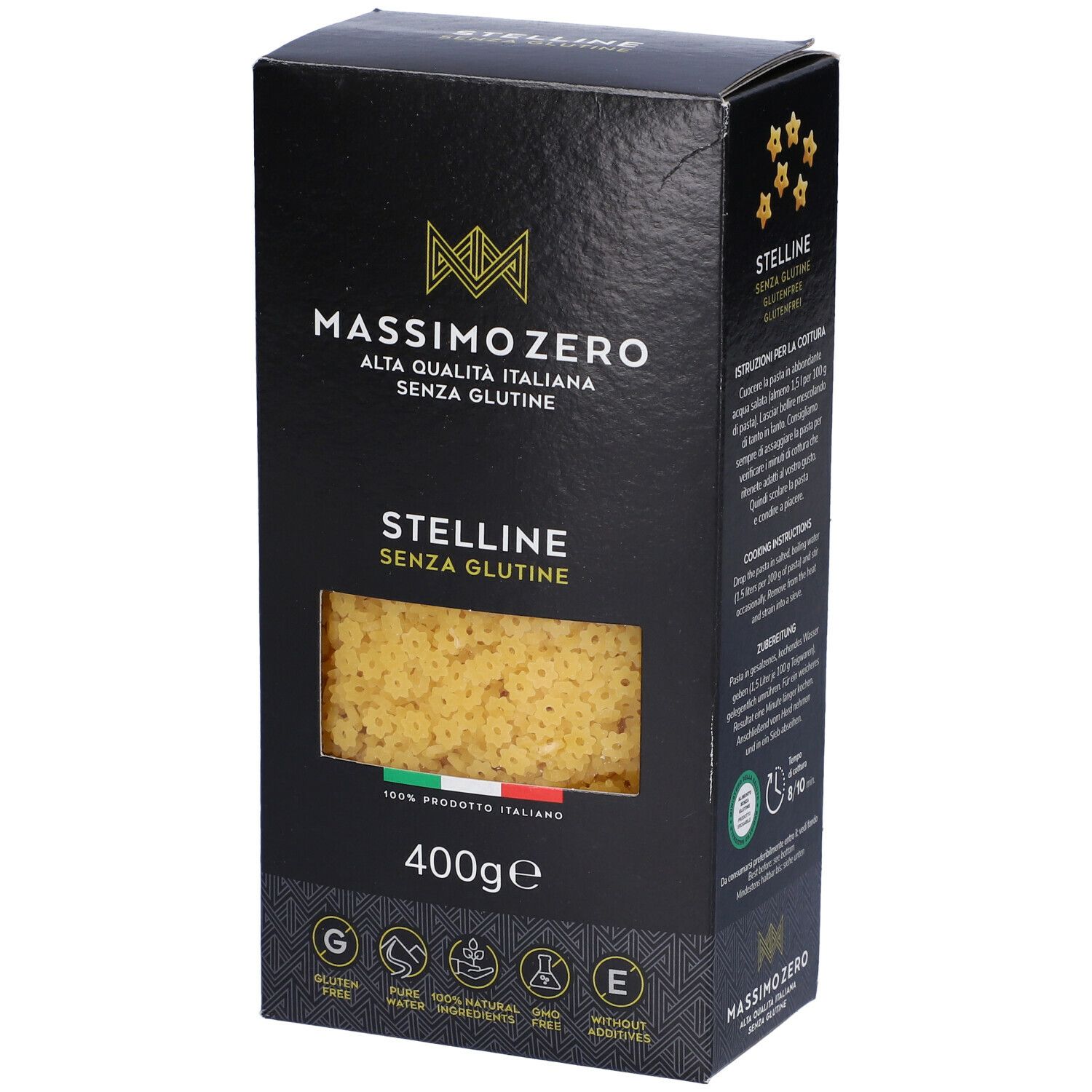 Confezione nera Massimo Zero Stelline, vista laterale. Pasta a stelline visibile. Senza glutine. 400g. Bandiera italiana.