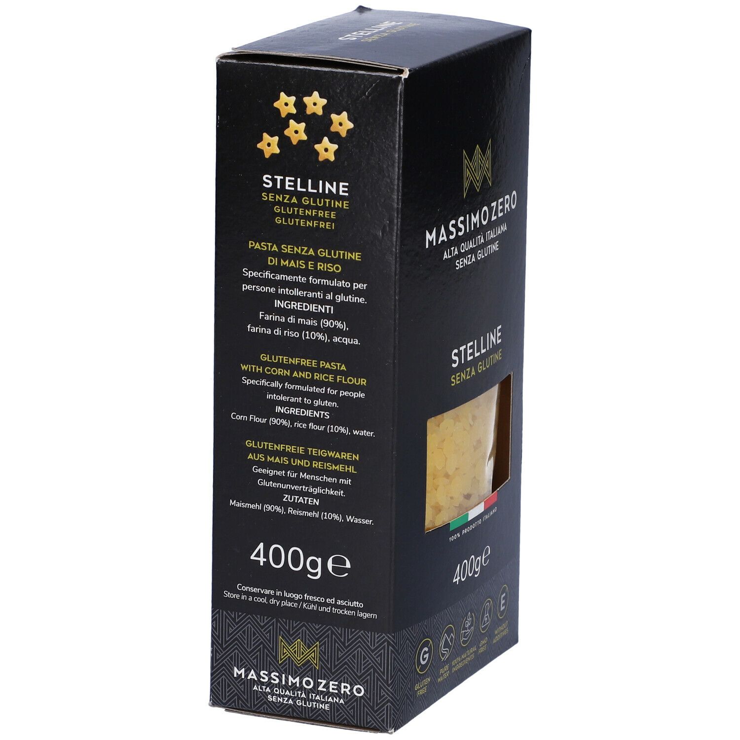 Confezione nera Massimo Zero Stelline, vista laterale con testo. Pasta senza glutine di mais e riso. 400g. Bandiera italiana.