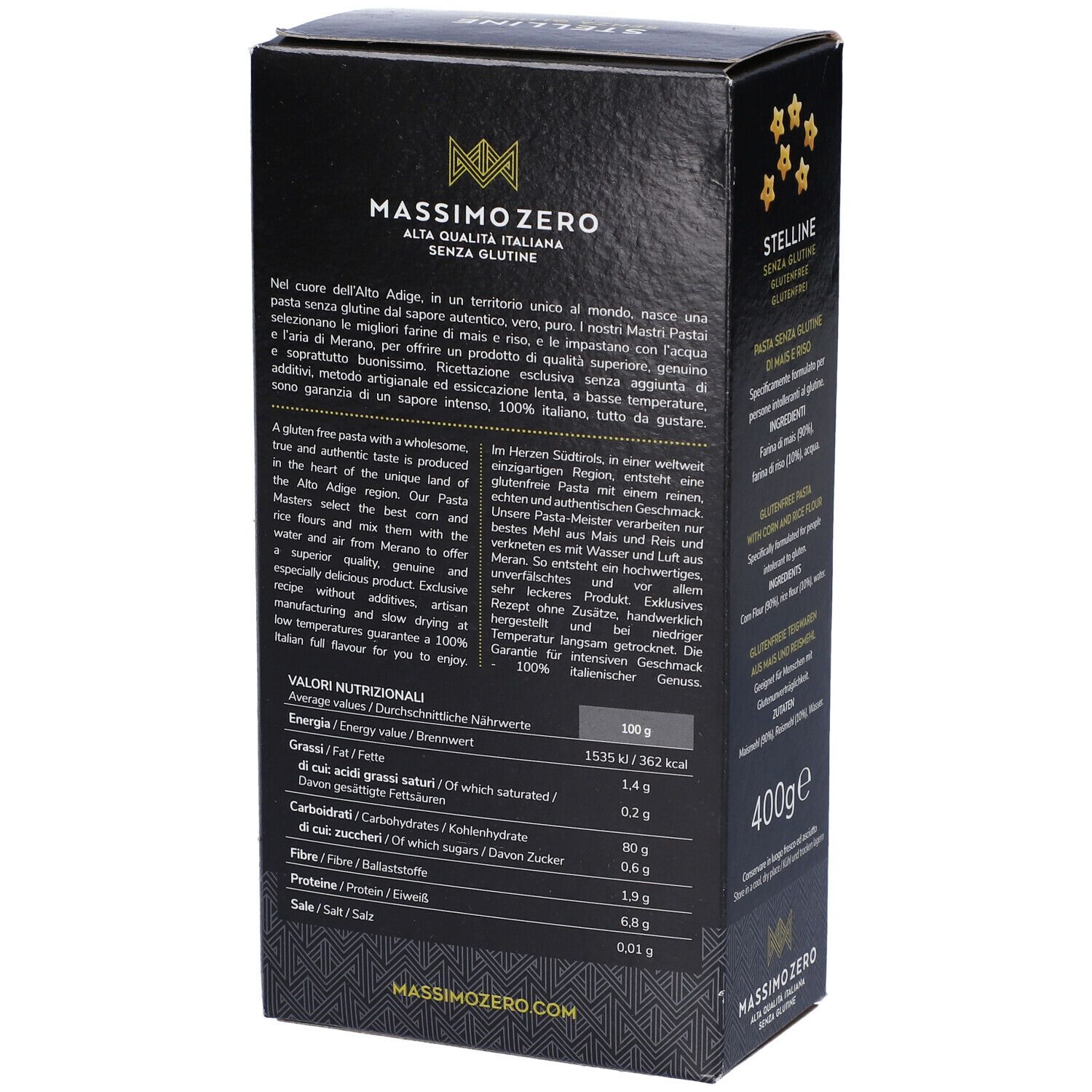 Confezione nera Massimo Zero Stelline. Retro con testo. Pasta senza glutine. 400g. Bandiera italiana. Informazioni nutrizionali.